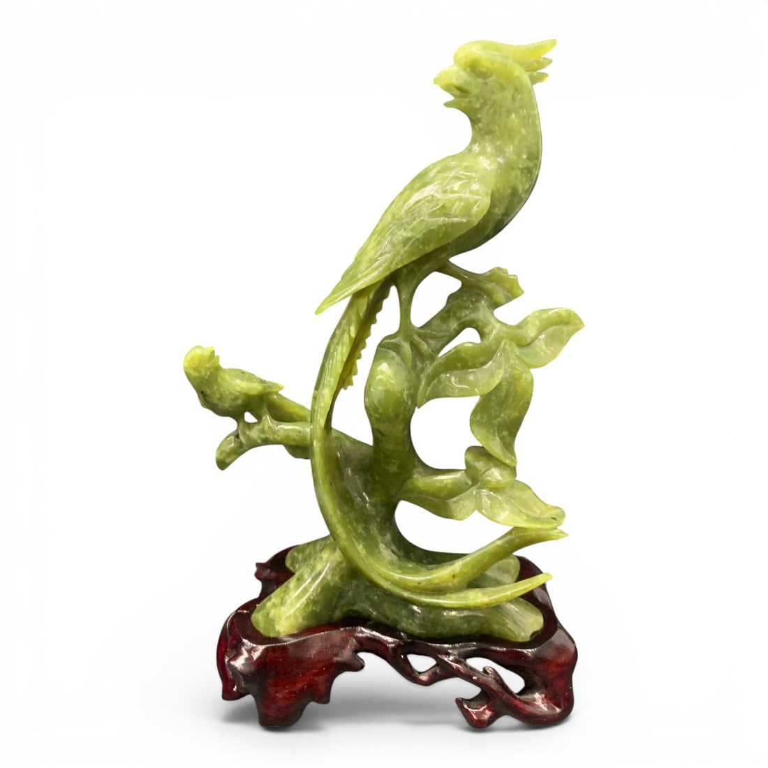 Antique Kwangtung Green Jade Stone Bird Carving: Antique Kwangtung Green Jade Stone Carving Of A Bird On A Branch Sitting Atop A Wodden BaseBears Sticker Tag On Fitted Presentation Box: Kwangtung10 1/2" Tall