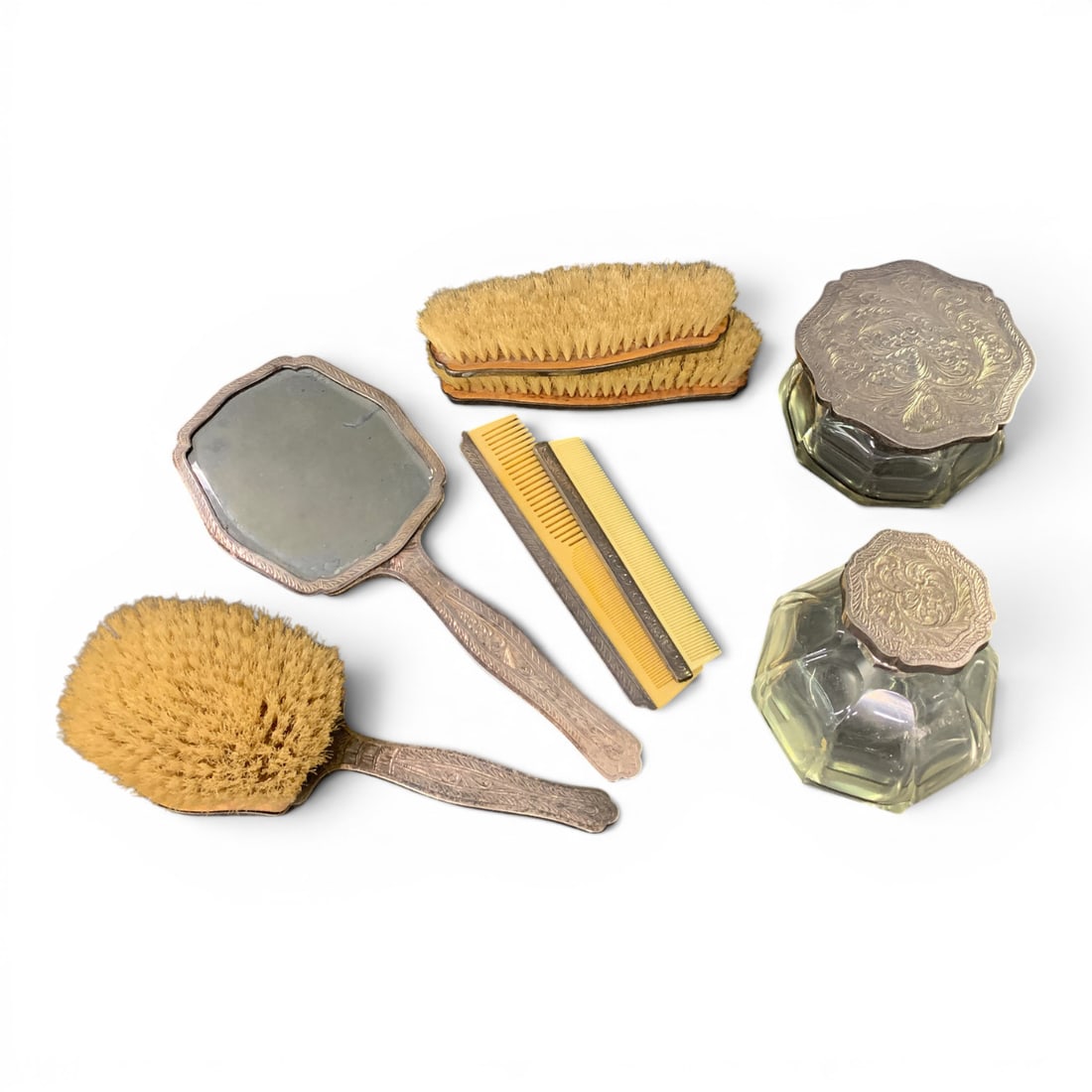 Vintage Silver Plated Vanity Set: Vintage Silver Plated Vanity Set Including A Hand Mirror, Hair Brush, Clothes Brush, Combs & Powder Jars Hand Mirror: 11 3/4" Long (mirror Shows Damage)Hair Brush: 9 1/2" Long Clothes Brush: 6 1/4" &
