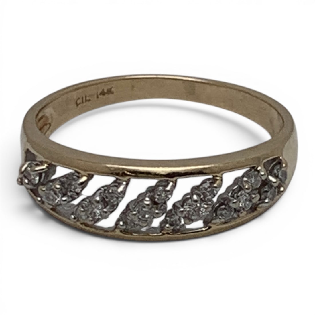14k Yellow Gold & White Diamond Ring: 14k Yellow Gold Ring With An Open Work Design Featuring 19 Round Cut White Diamonds Marked 14k - Size 8.25 - 2.0 DwtGemstones Tested With Presidium Gem Tester Il - Berners Does Not Guarantee
