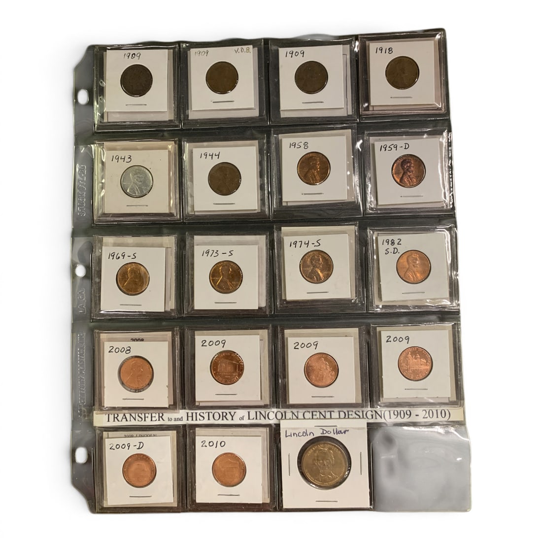 Sheet Of 19 Lincoln Cents: Sheet Of 19 Lincolns Cents Including A Lincoln Dollar, 1909, 1909 V D B & A Lincoln Steel CentSee Photos
