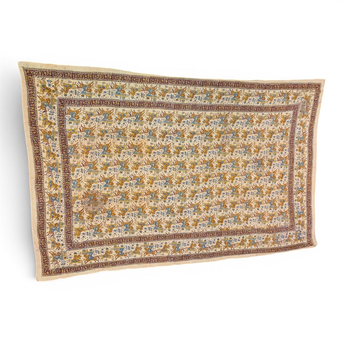 Qalamkar Block Print Textile: Qalamkar Block Print Textile Featuring A Repeating Polo Scene Motif In Olive And Turquoise66 1/4" X 100"Shows Stain - See Photos