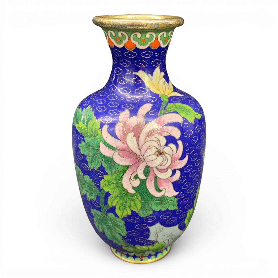 Vintage Chinese Blue Cloisonne Vase: Vintage Chinese Cloisonne Vase Featuring A Blue Background With Colorful Flower Motifs6 1/8" Tall