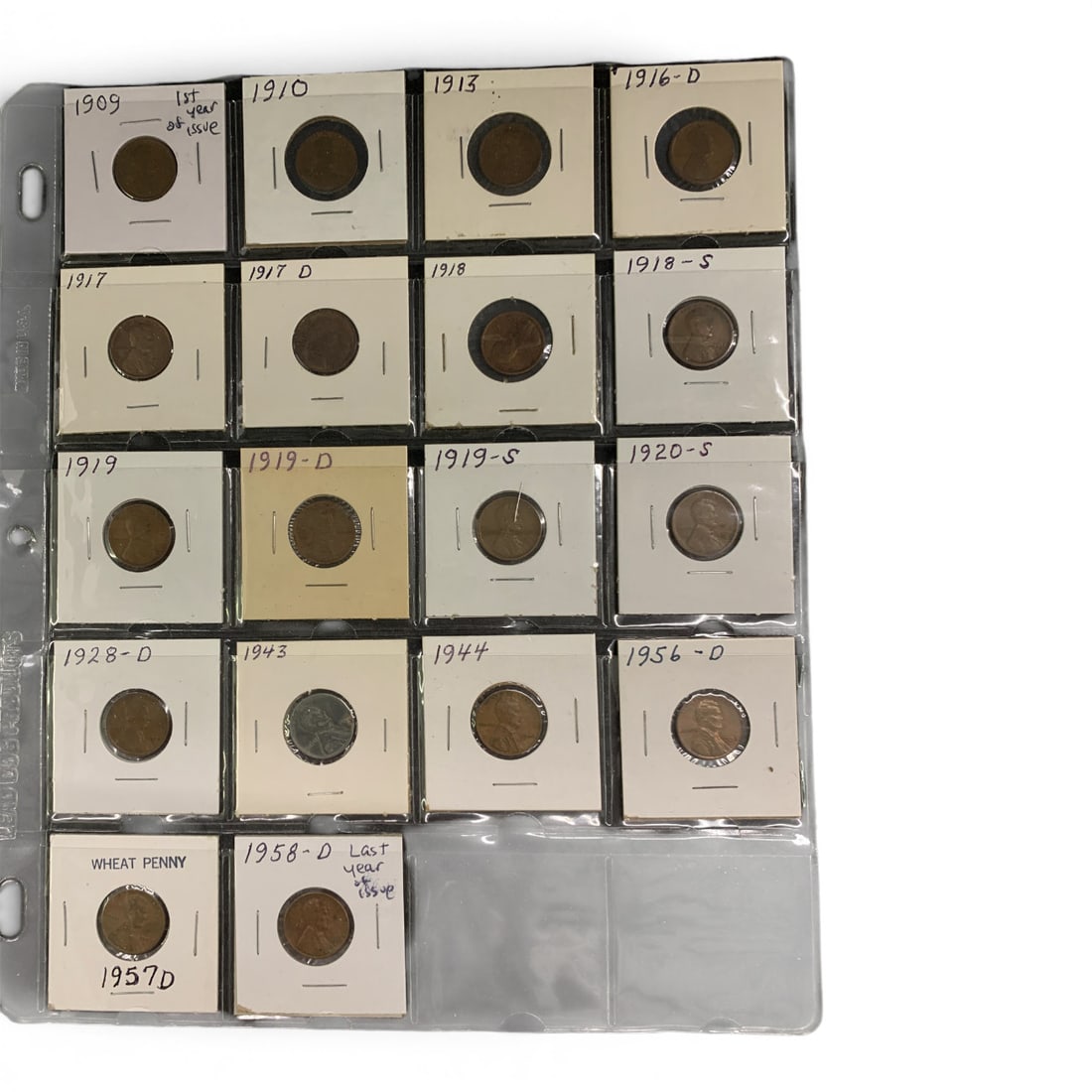 Sheet Of 18 Different Lincoln Wheat Cents: Sheet Of 18 Different Lincoln Wheat Cents Including 1909, P, D & S Mints See Photos