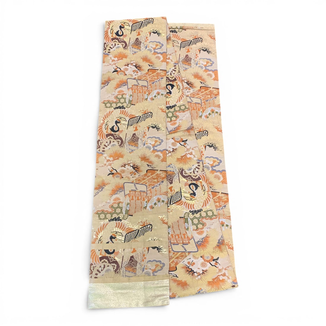 Vintage Japanese Maru Obi: Vintage Japanese Maru Obi Featuring Silk Brocade Decoration With A Crane Motif 12 5/8" X 161 1/4"