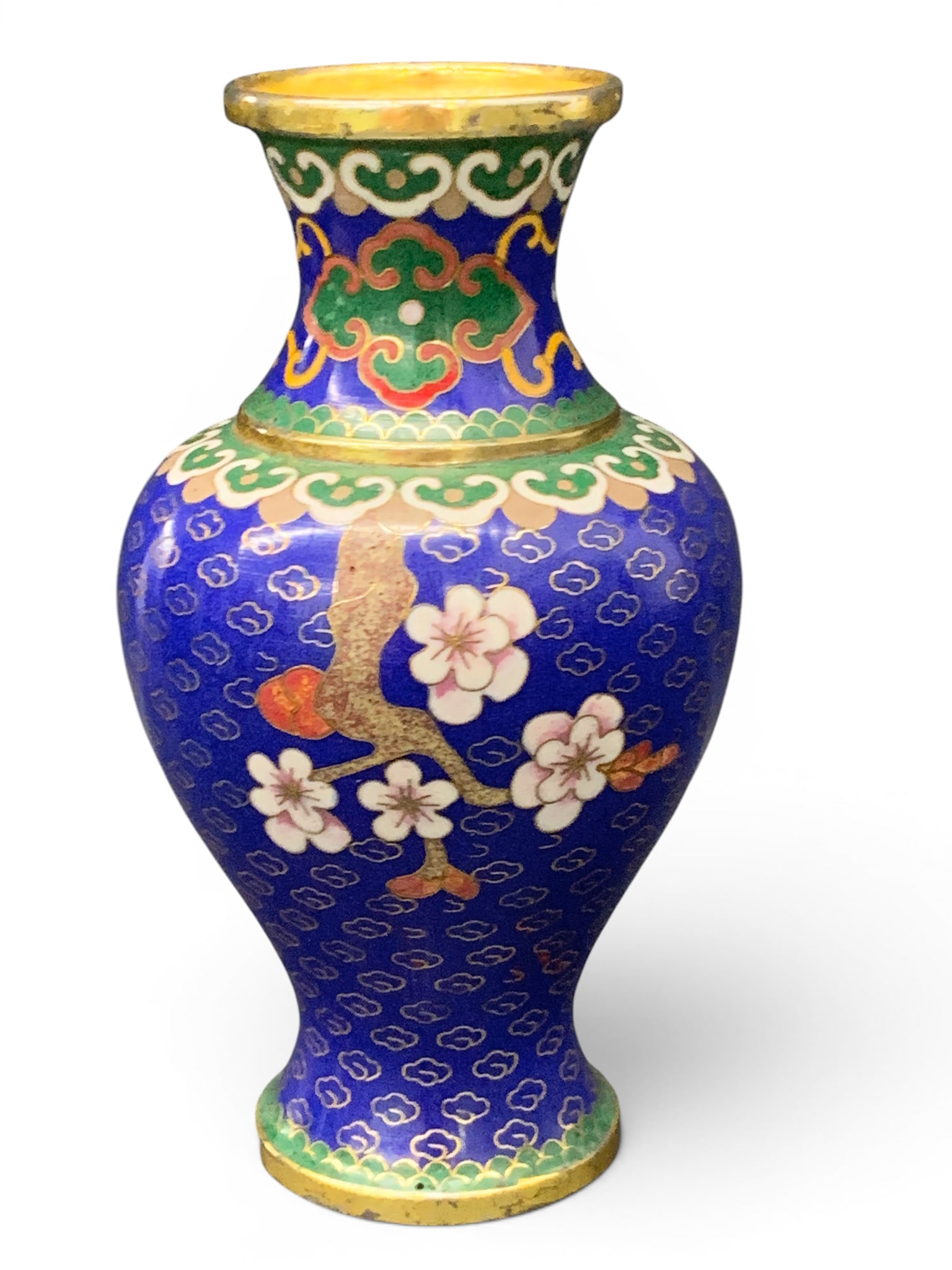 Vintage Chinese Blue Cloisonne Vase: Vintage Chinese Cloisonne Vase Featuring A Blue Background With Pink Cherry Blossom Motifs6" TallShows Some Damage - See Photos