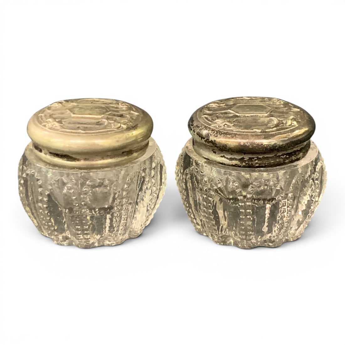2 Vintage Art Nouveau Vanity Powder Jars: 2 Vintage Art Nouveau Vanity Miniature Powder Jars With A Detailed Silver Toned Metal Lid1 1/2" Tall