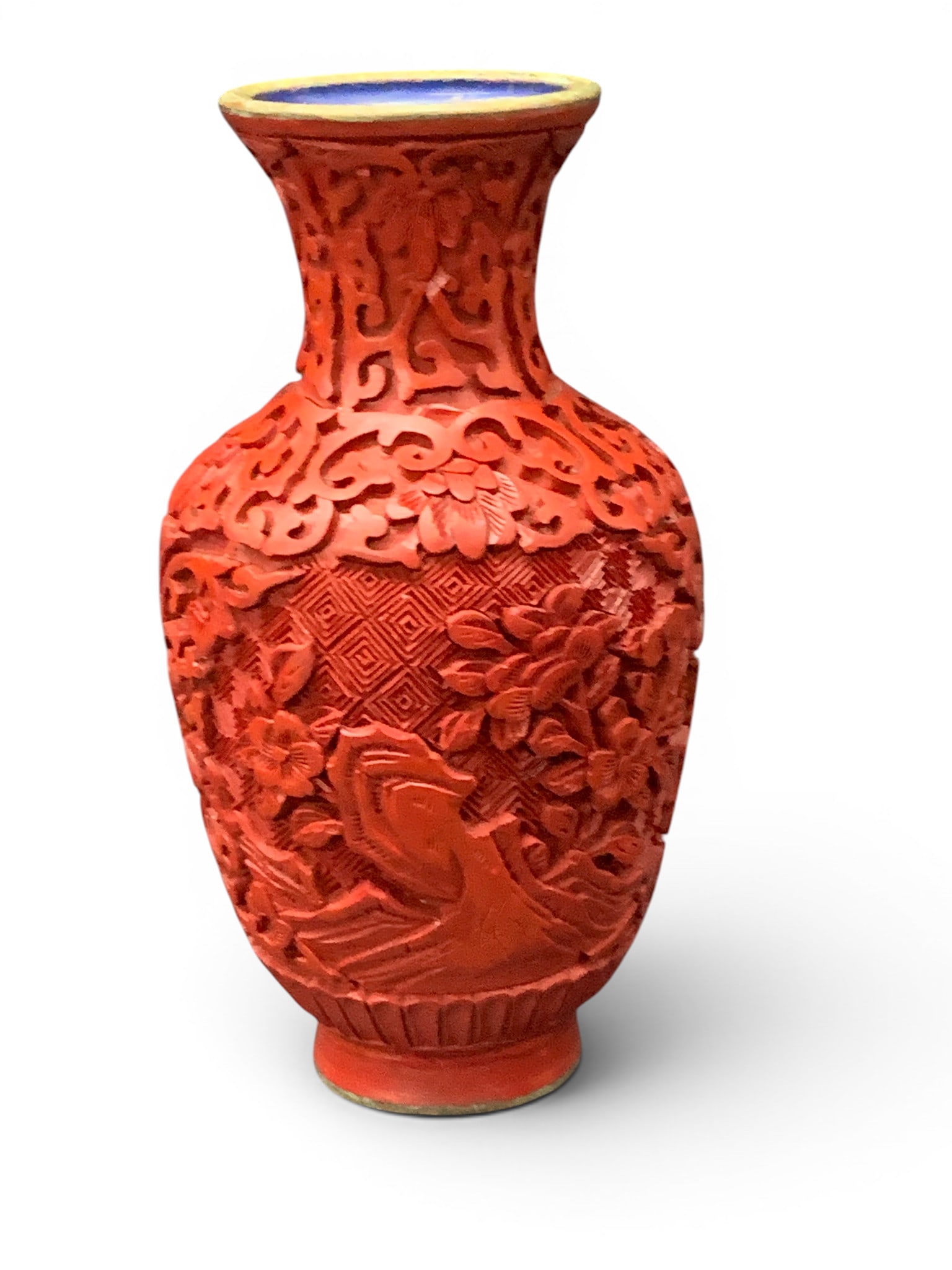 Vintage Chinese Cinnabar Lacquer Vase: Vintage Chinese Cinnabar Lacquer Vase Featuring Intricate Carved Floral Patterns5 1/8" Tall