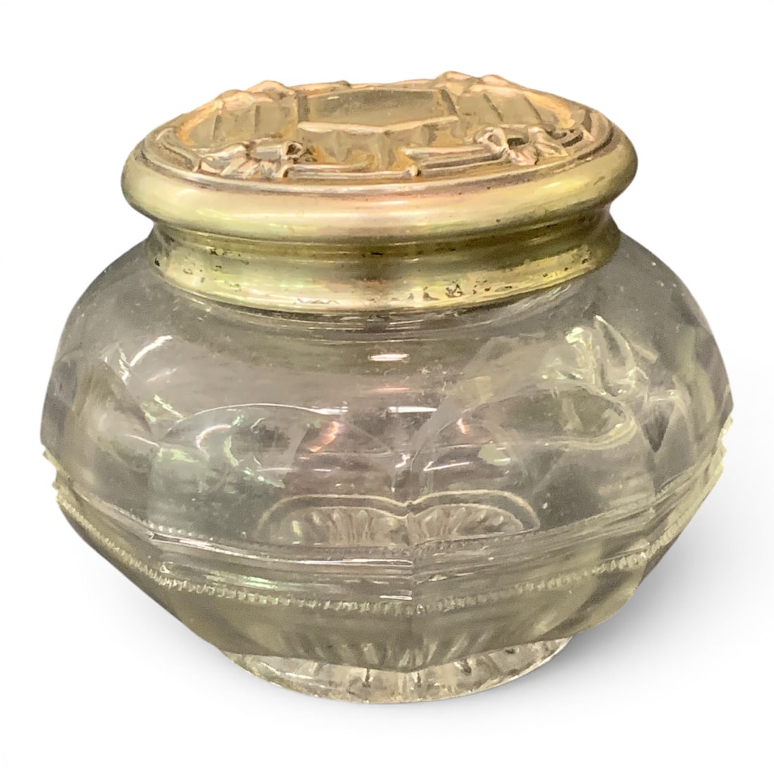 Vintage Art Nouveau Vanity Powder Jar: Vintage Art Nouveau Vanity Powder Jar With A Detailed Silver Toned Metal Lid3 3/8" Tall