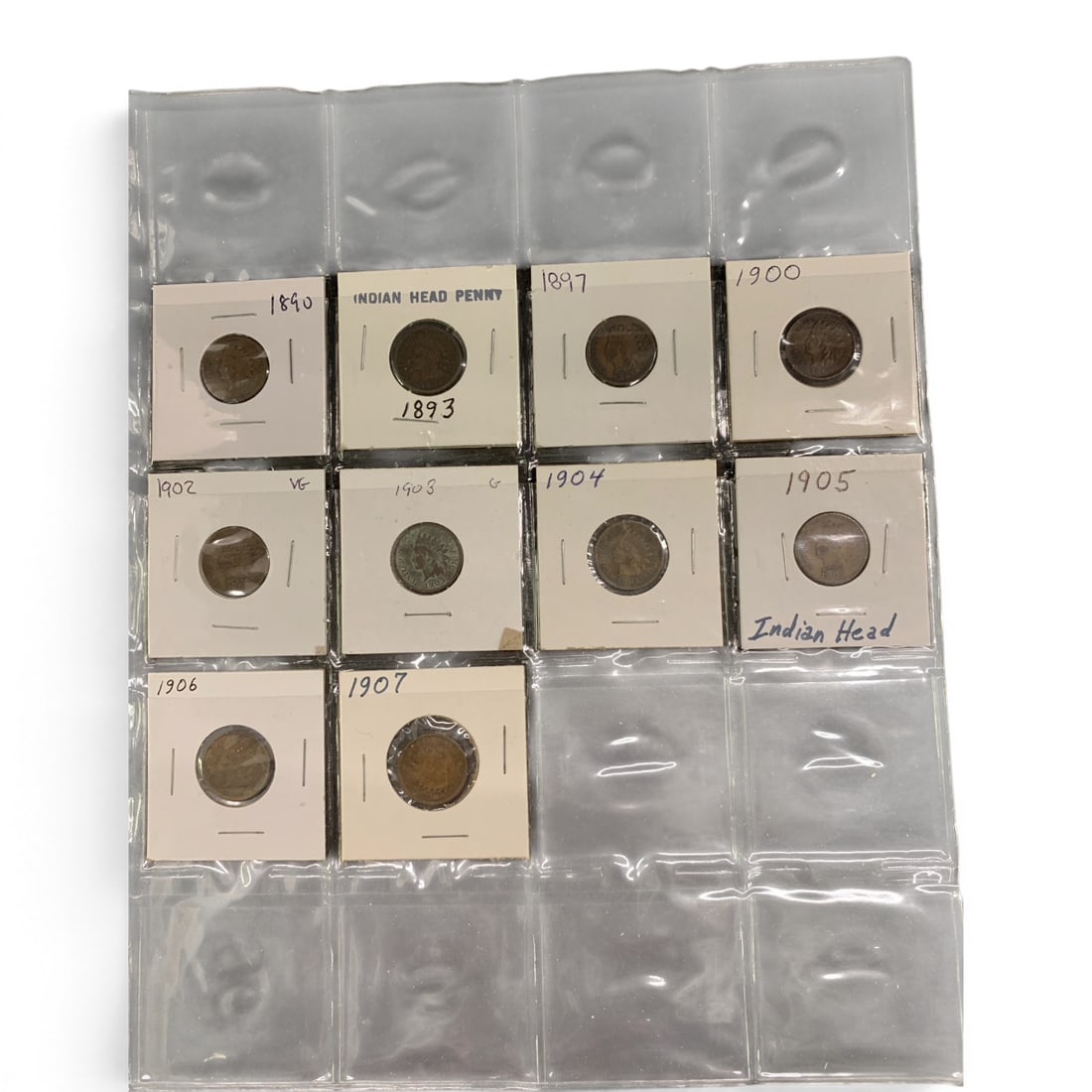 Sheet Of 12 Different Indian Head Cents: Sheet Of 12 Different Indian Head Cents Including An 1890 Indian Head Cent