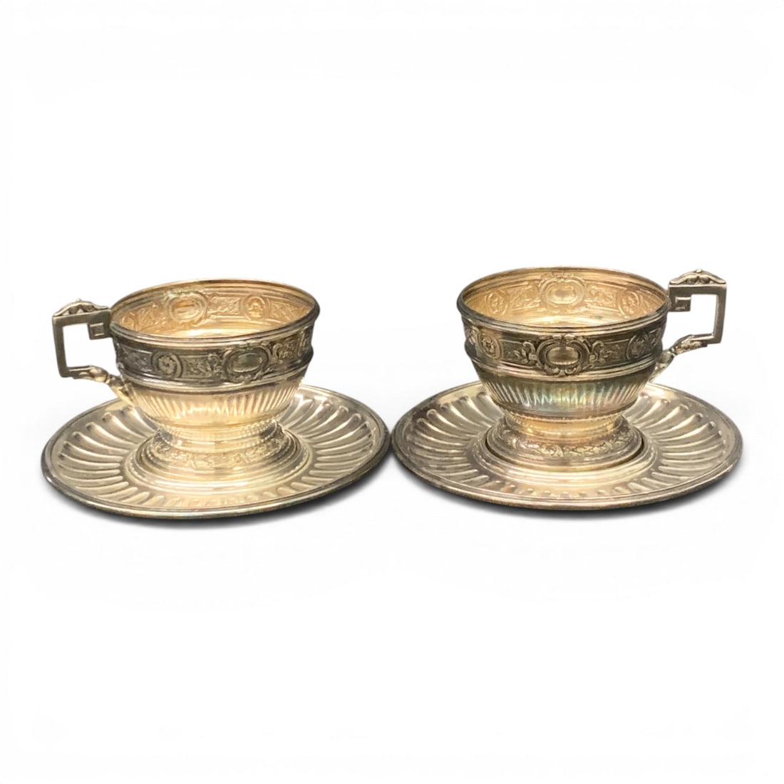 Set Of 2 Silver Tone Cup & Saucers: Set Of Two Silver Tone Emtal Cup & SaucersBears Marks On Inside Rim Of Sacer And Handle Of TeacupSaucer: 5 1/4" DiameterTeacup: 2 3/8" Tall