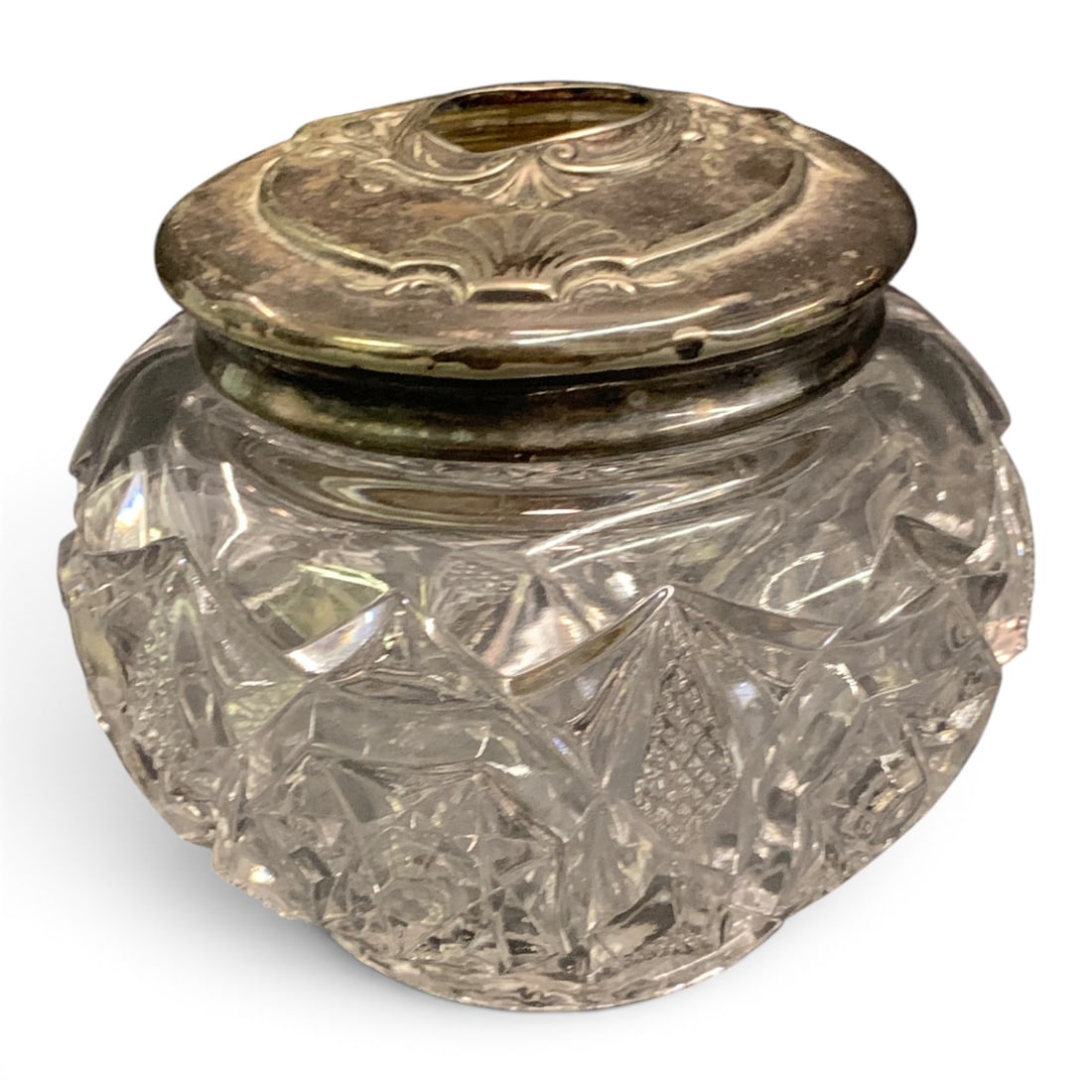 Vintage Art Nouveau Vanity Powder Jar: Vintage Art Nouveau Vanity Powder Jar With A Detailed Silver Toned Metal Lid3 5/8" Tall