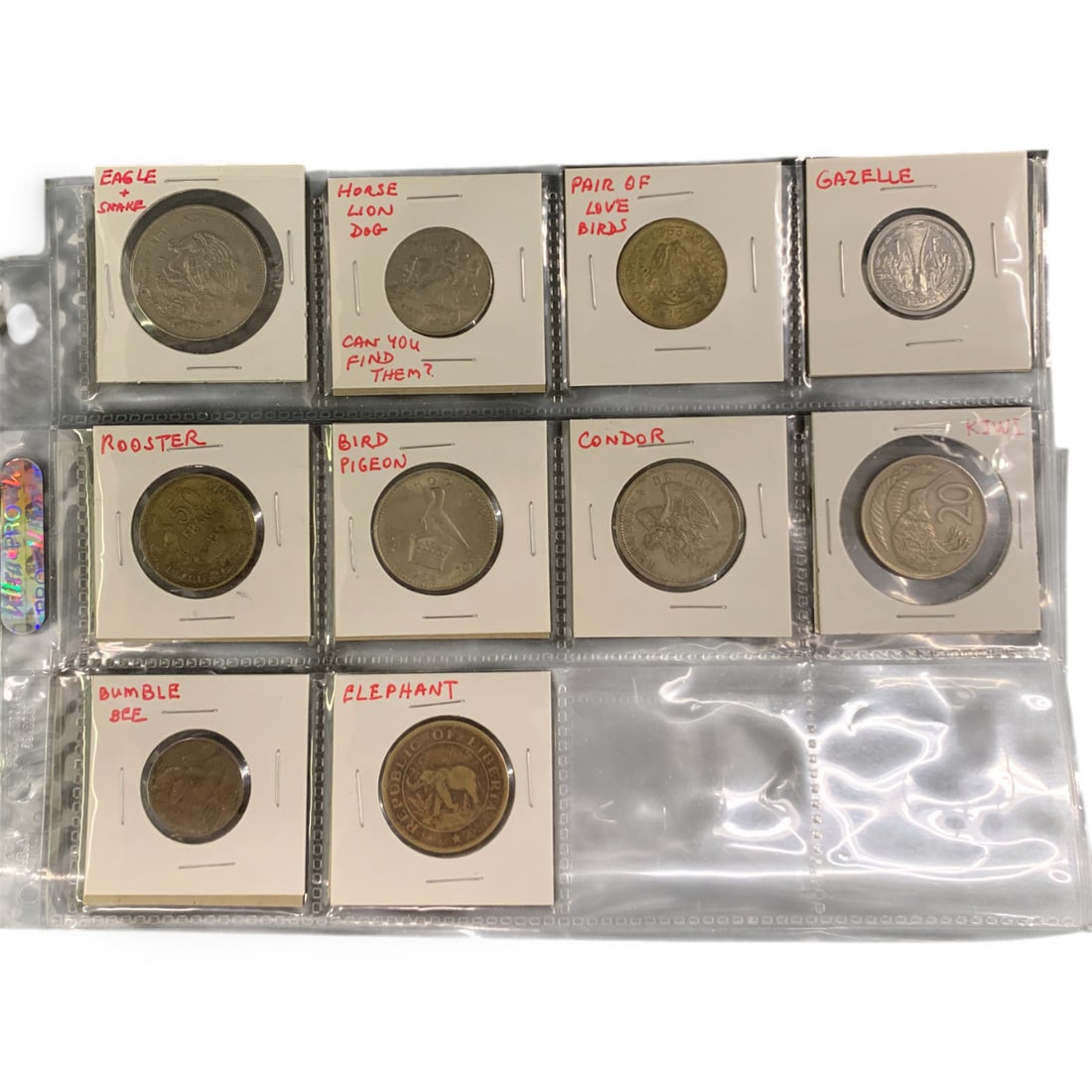 Sheet Of 10 Different Animals On Foreign Coins: Sheet Of 10 Different Animals On Foreign Coins