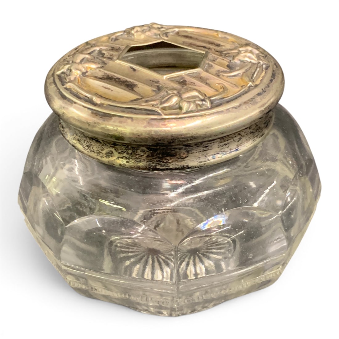 Vintage Art Nouveau Vanity Powder Jar: Vintage Art Nouveau Vanity Powder Jar With A Detailed Silver Toned Metal Lid3 3/8" Tall