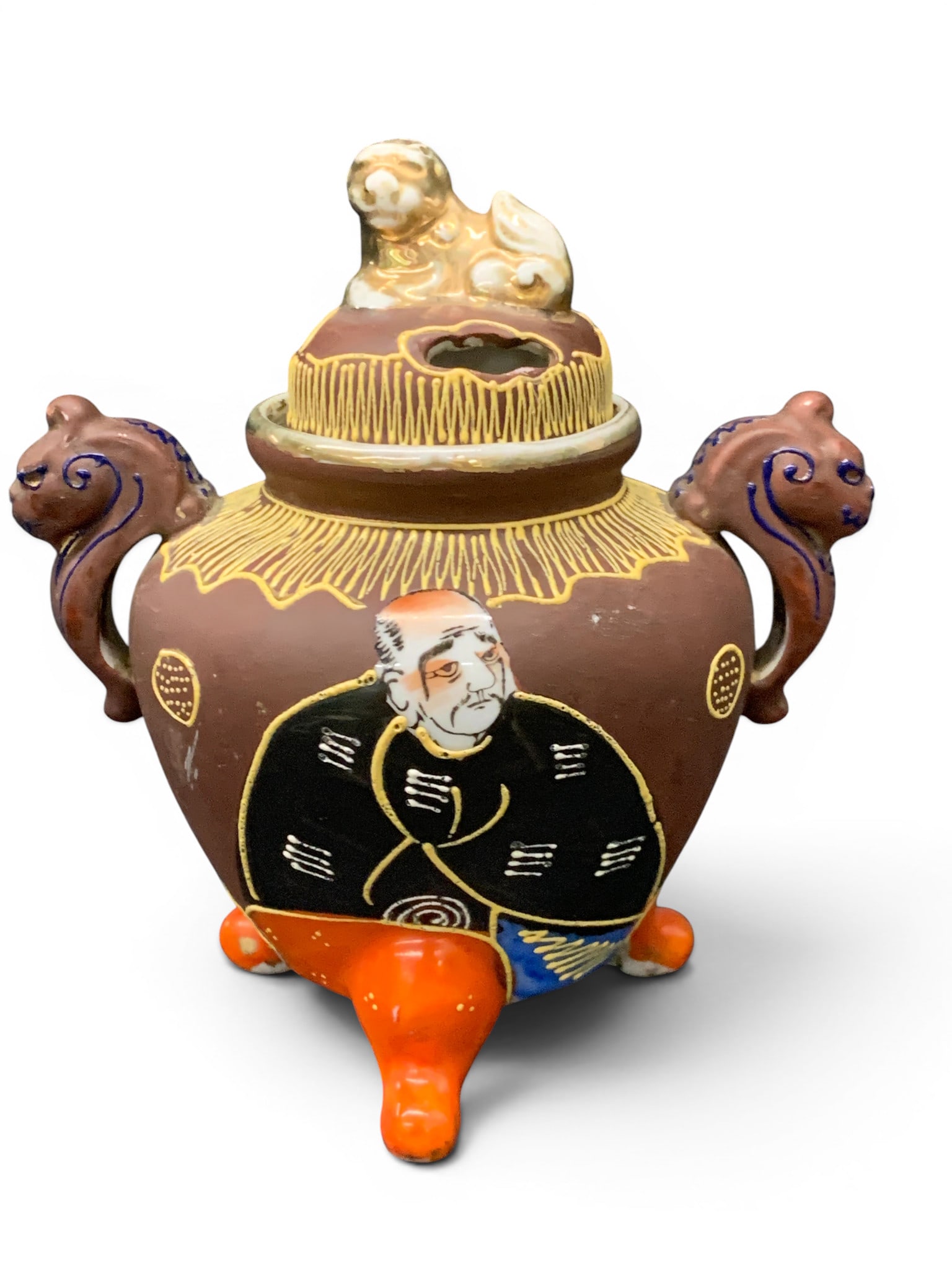 Japanese Satsuma Moriage Porcelain Incense Burner: Vintage Japanese Satsuma Moriage Porcelain Incense BurnerMarked On Bottom: Made In Japan6 1/4" Tall