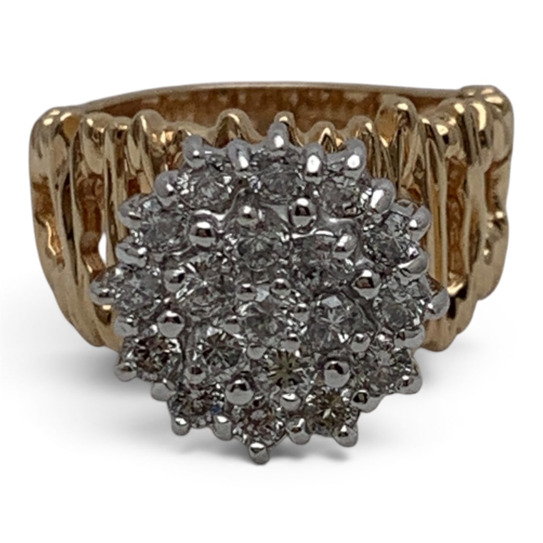 14k Yellow Gold & Diamond Cluster Ring: 14k Yellow Gold Ring With An Open Work Band Design Featuring 19 Round Cut White Diamonds Approx. 0.07ct EachMarked 14k - Size 6.75 - 4.4 DwtGemstones Tested With Presidium Gem Tester Il - Berners