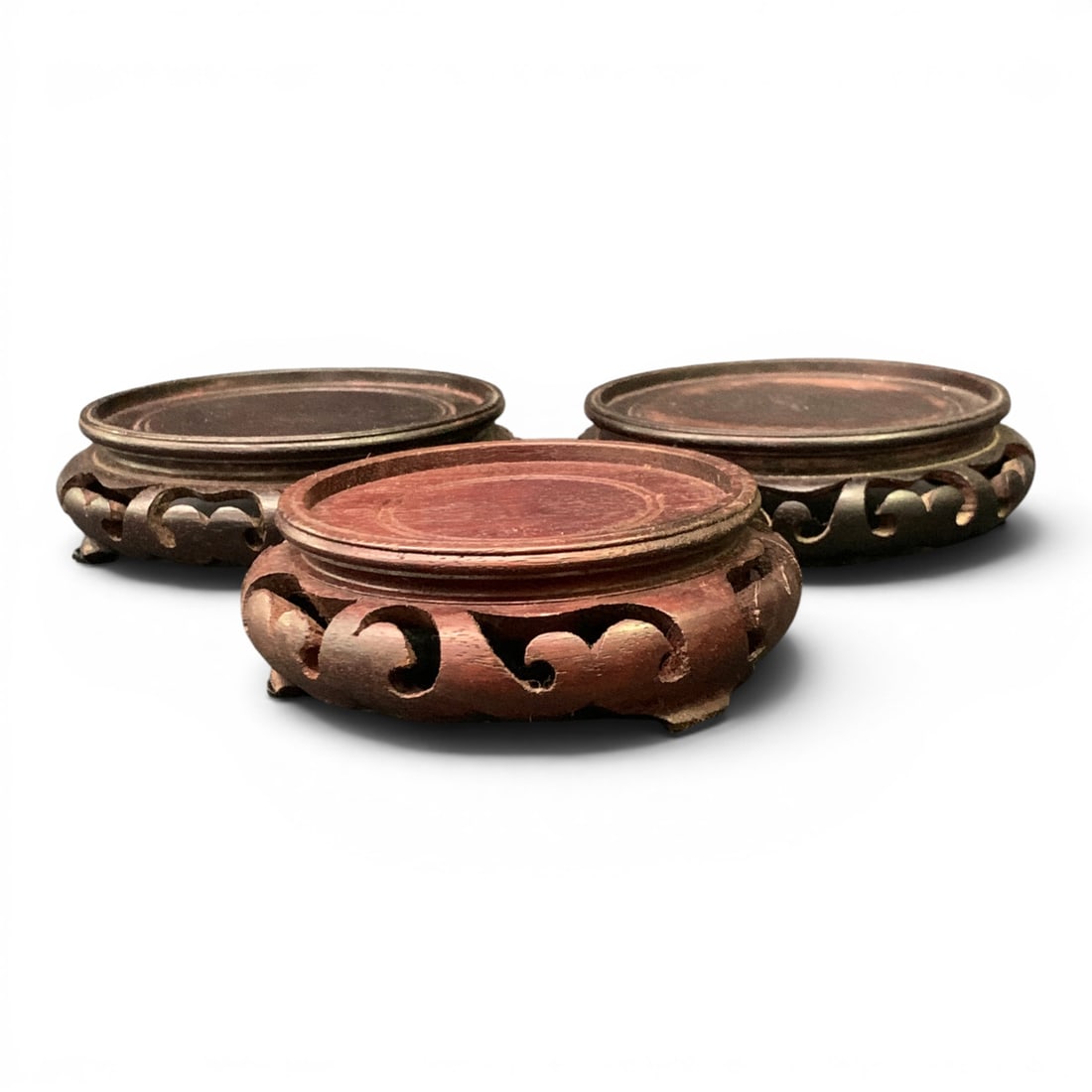 3 Vintage Carved Wooden Footed Bases: 3 Vintage Carved Wooden Footed Bases 1 3/8" Tall