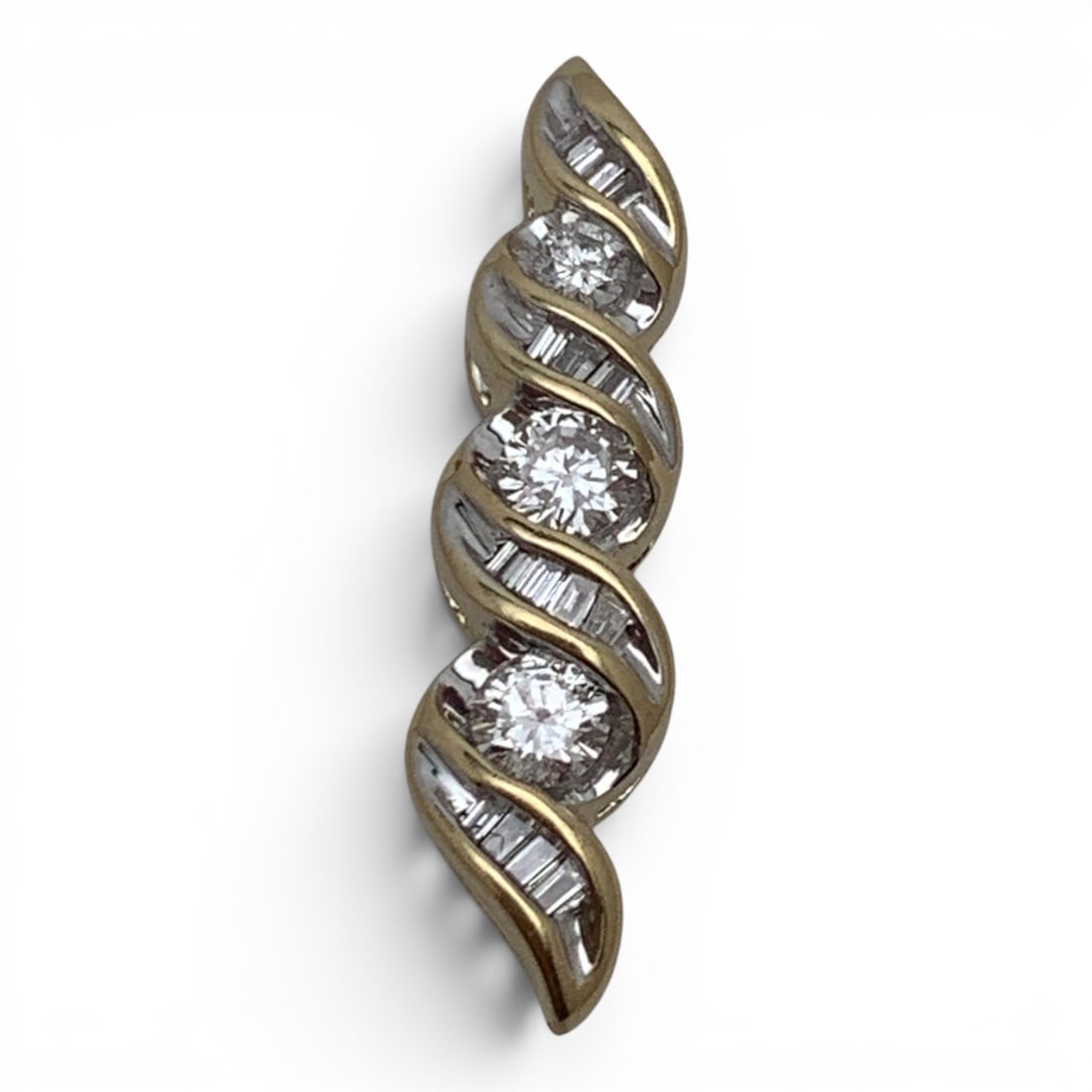 14k Yellow Gold & White Diamond Pendant: 14k Yellow Gold Pendant Featuring 3 Round Cut Diamonds Flanked By Baguette Cut White Diamonds Marked 14k - 1" Long - 1.8 DwtGemstones Tested With Presidium Gem Tester Il - Berners Does Not Guarantee