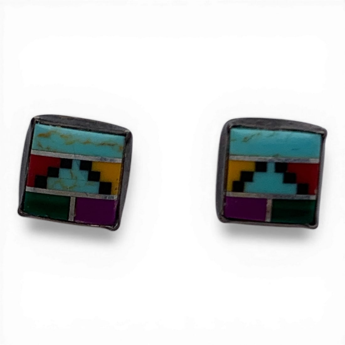 Pair Of Silver Earrings With Inlaid Colored Stones: Pair Of Sterling Earrings Featuring Colored Stones In An Intricate Design Tests Silver - 1/4" Long - 1.1 Grams