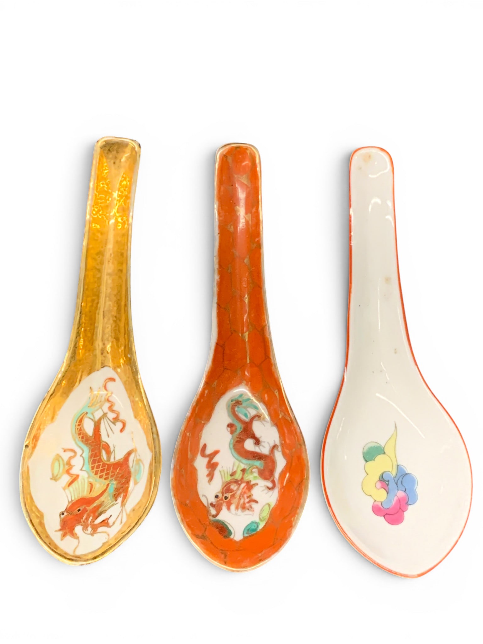 3 Hand Painted Porcelain Soup Spoons: 3 Hand Painted Porcelain Soup Spoons Featuring Handpainted Motifs 5 3/4" Long