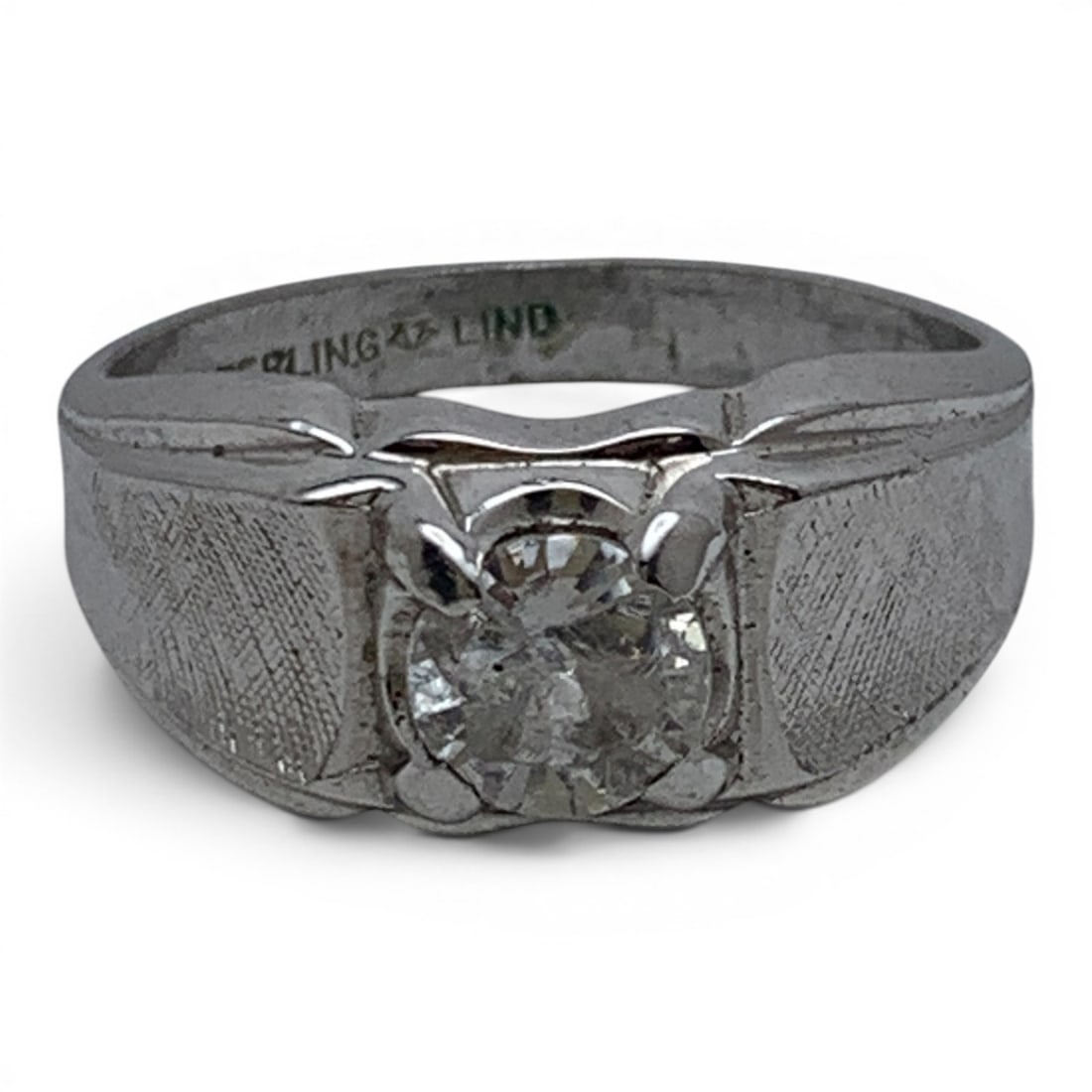 Men's Sterling Silver & Clear Stone Ring: Men's Sterling Silver Ring Featuring A Solitaire Round Cut Clear Stone Marked Sterling - Size 11 - 8.4 Grams