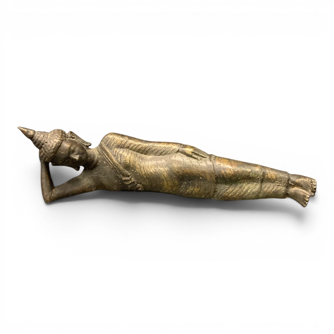 Dark Metal Buddha Sculpture: Dark Metal Sculpture Depicting A Reclined Buddha With A Textured Finish 10 3/8" Long