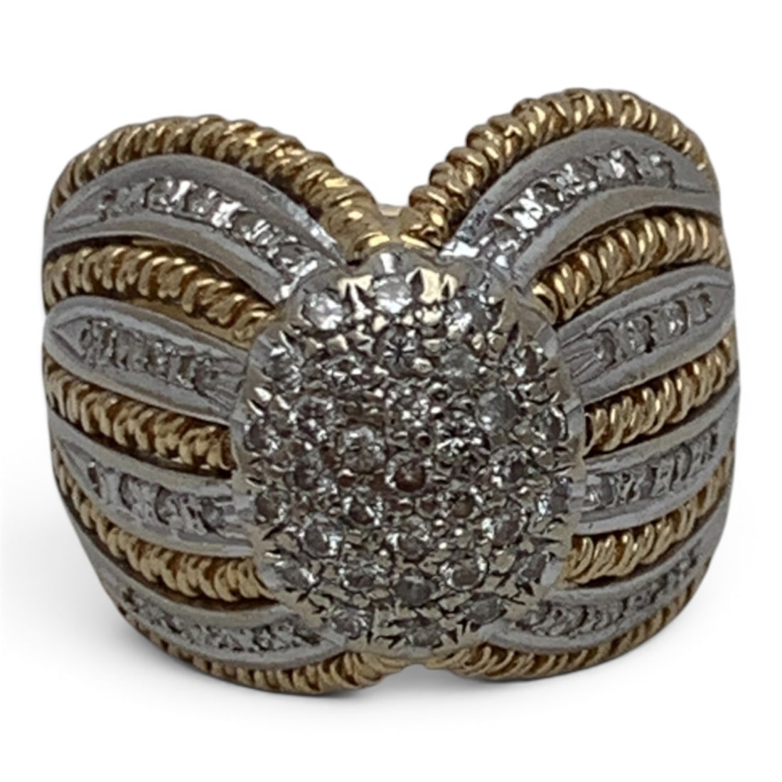 14k Two Tone Gold & Diamond Cluster Ring: 14k Yellow & White Gold Ring Featuring Round Cut White Diamonds Encrusting The RingMarked 14k - Size 6.25 - 7.6 DwtGemstones Tested With Presidium Gem Tester Il - Berners Does Not Guarantee