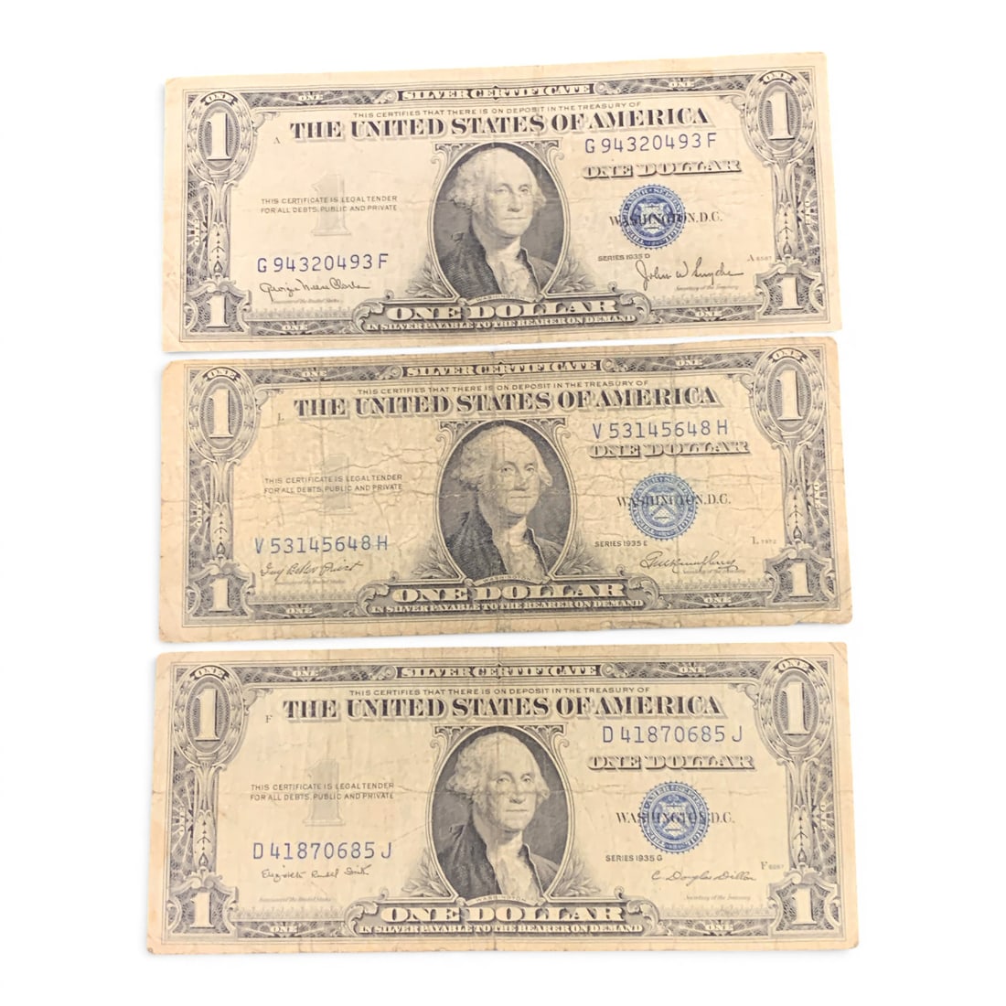 3 1935 $1 Silver Certificate Notes: 3 1935 $1 Silver Certificate Notes Including D, E & G Series - Blue Seal