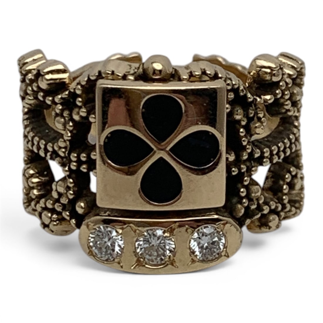 14k Yellow Gold & Diamond Ring: 14k Yellow Gold Ring With An Open Work Textured Design Featuring 3 Round Cut White Diamonds Approx. 0.07ct Each.Marked 14k - Size 5.5 - 5.1 DwtGemstones Tested With Presidium Gem Tester Il - Berners