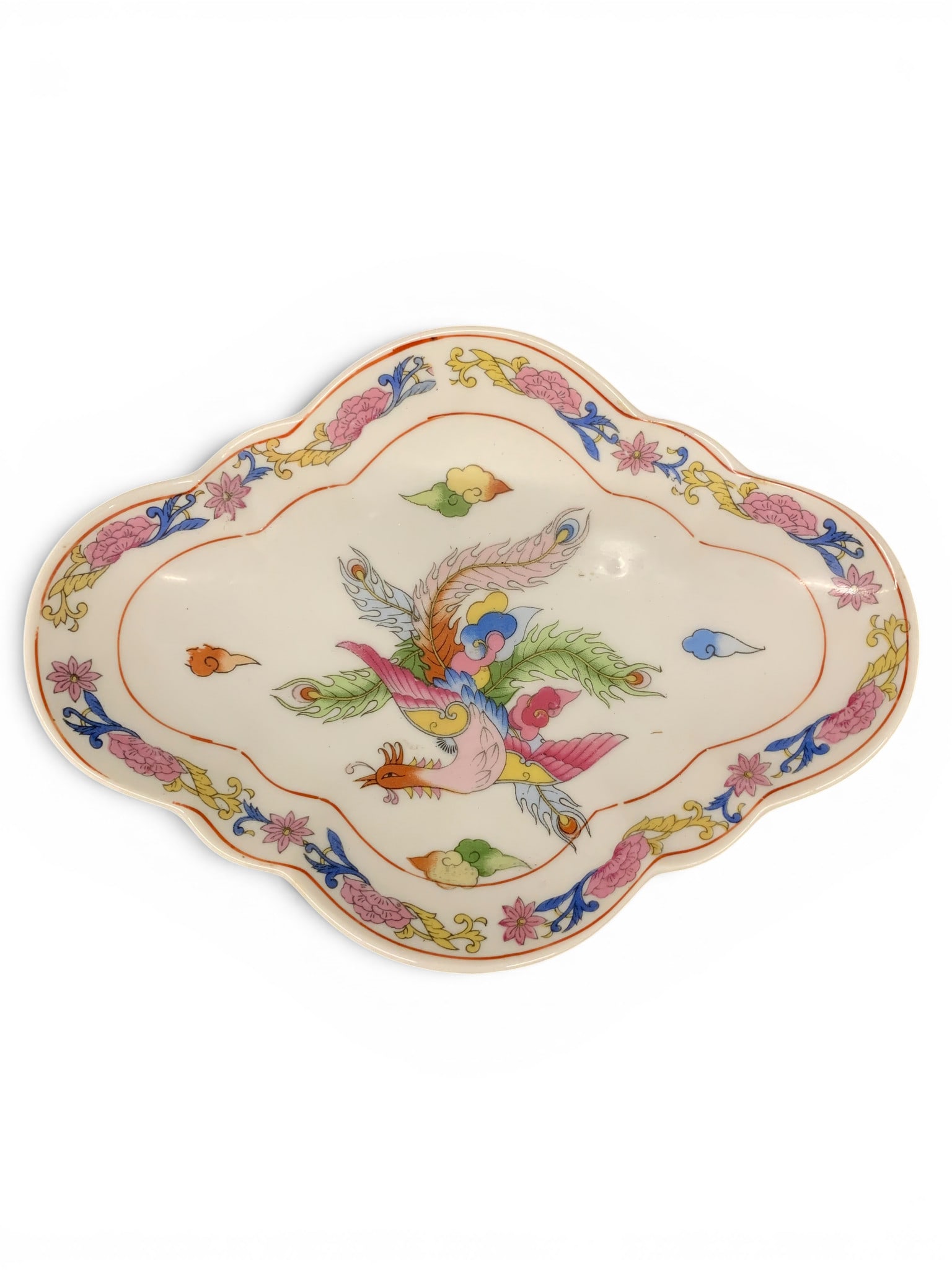 Vintage Famille Rose Chinese Serving Tray: Vintage Famille Rose Chinese Serving Tray Featuring A Central Hand Painted Phoenix Surroudned By Floral MotifsSigned On Back8 1/2" Long
