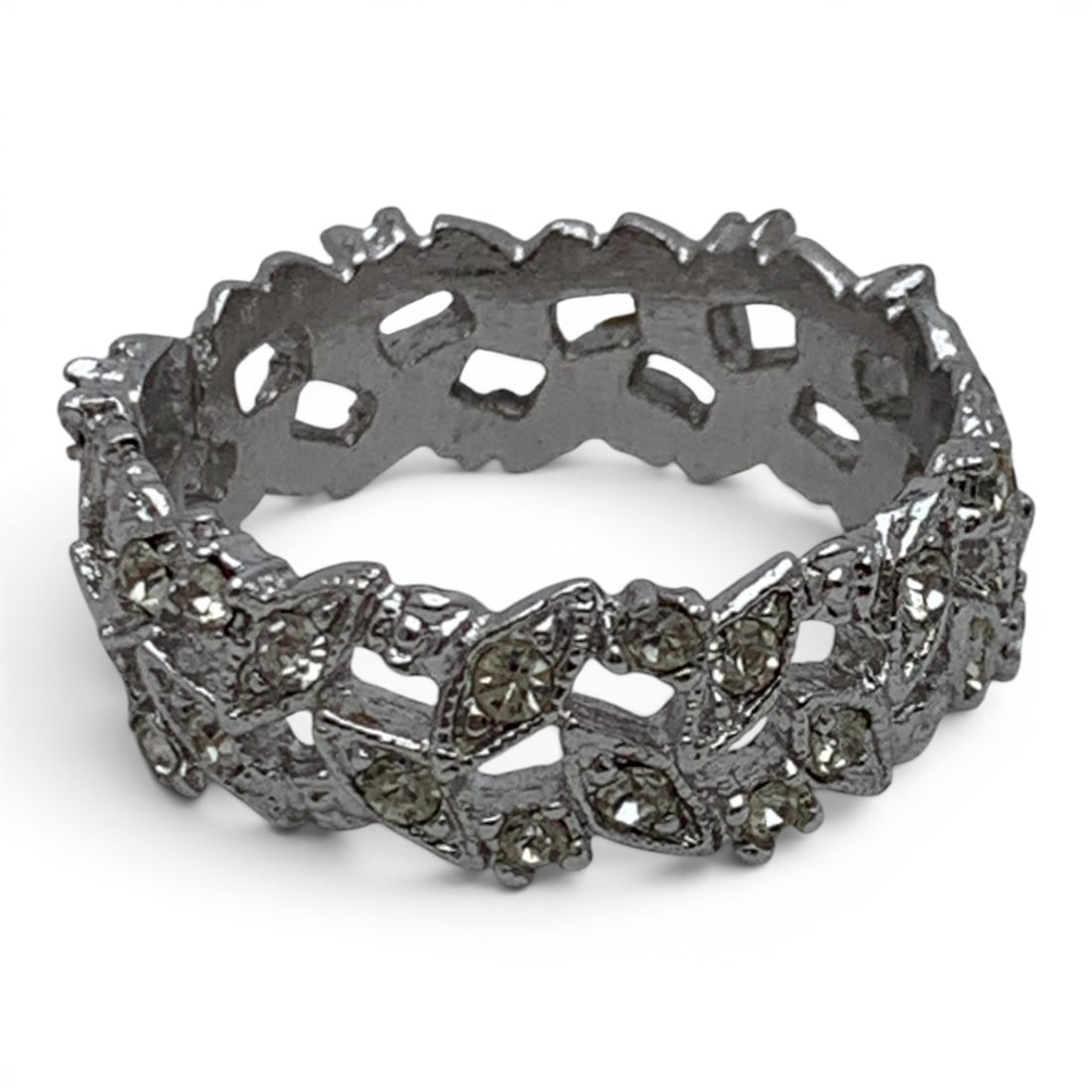 Sterling Silver & Clear Stone Ring: Sterling Silver Ring With An Open Work Design Featuring Clear Stones Marked: 925 - Size 10.25 - 4.2 Grams