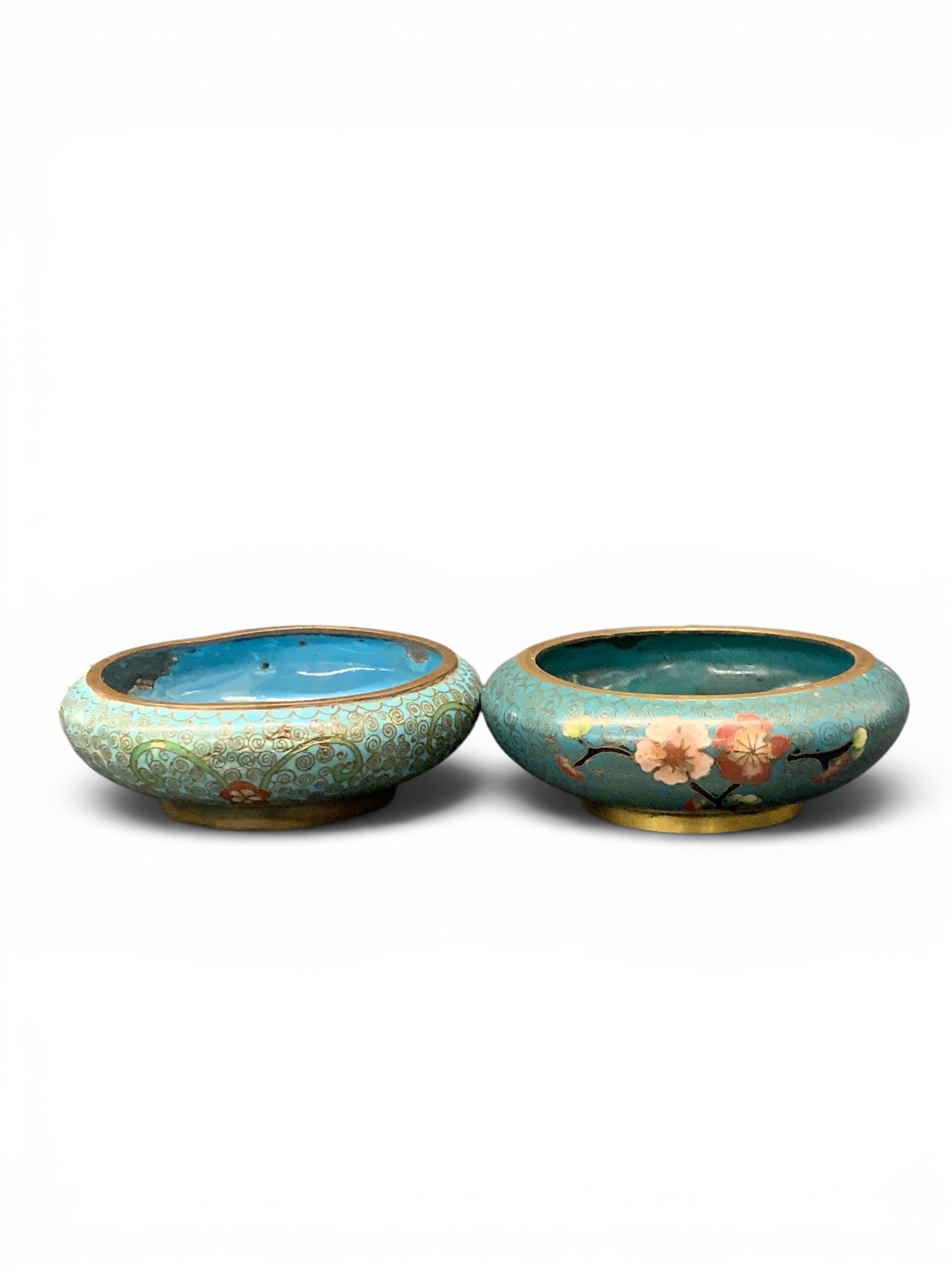 2 Vintage Chinese Cloisonne Bowls: 2 Vintage Chinese Cloisonne Bowls Featuring An Interior Blue Enamel Work3 3/4" DiameterShows Some Damage To Sides - See Photos
