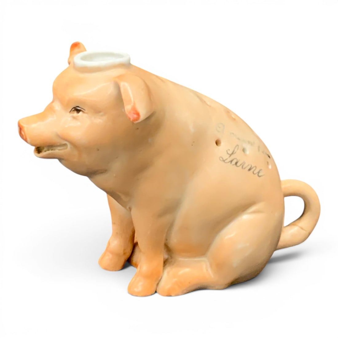 Antique Figural Porcelain Pig: Antique Figural Porcelain Pig Marked On Side: A Present From Larne 4" Tall