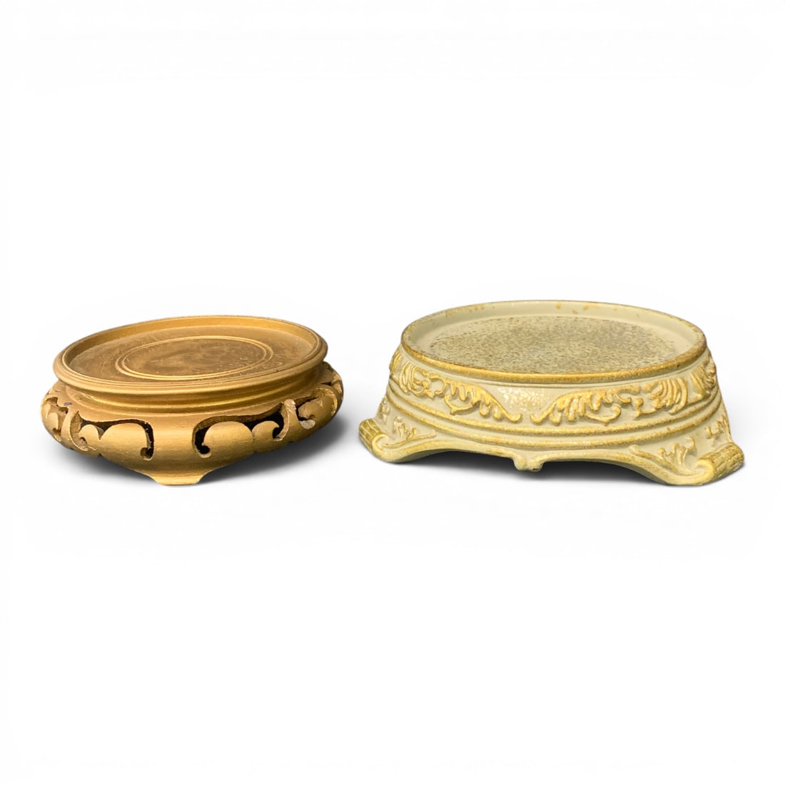 2 Footed Vase Bases: 2 Footed Vase Bases Including One Carved Wooden Base And 1 Ceramic Base 1 1/2" Tall