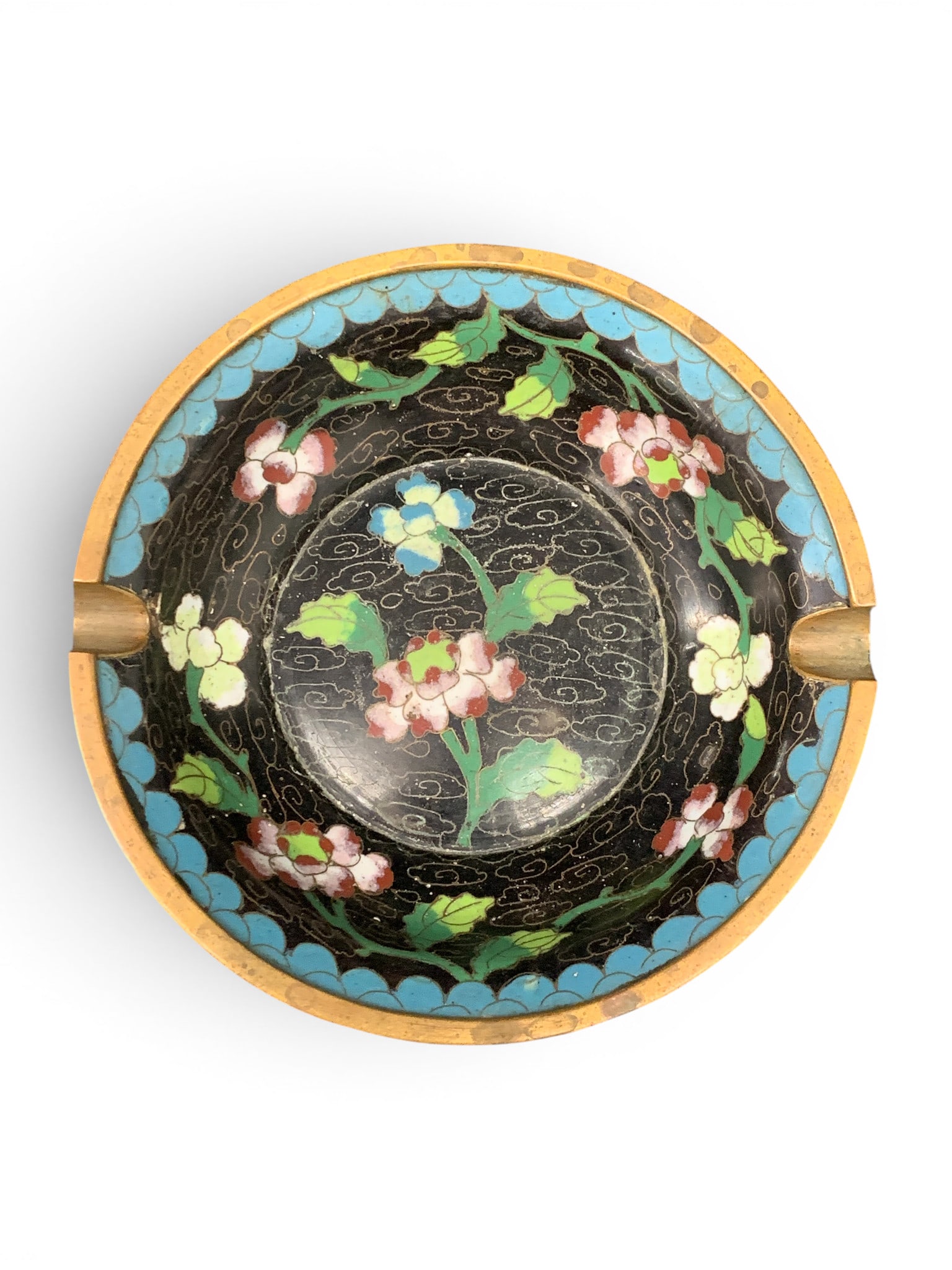Vintage Chinese Black Cloisonne Ash Tray: Vintage Chinese Black Cloisonne Ashtray Featuring A Pink & Red Flower Motif 5" DiameterShows Wear