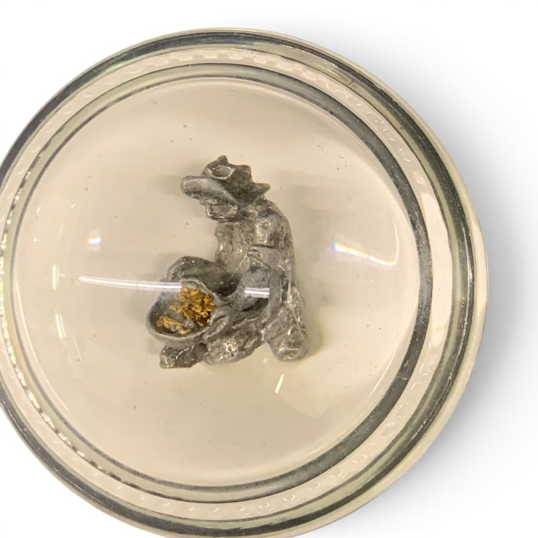 Vintage Acrylic Paperweight, The Prospector: Vintage Acrylic Paperweight Titled "the Prospector" Featuring A Figure Holding A Pan With Gold 1 1/2" Tall