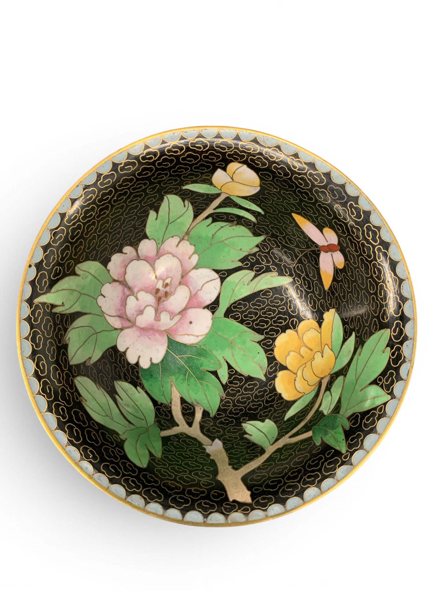 Vintage Chinese Black Cloisonne Bowl: Vintage Chinese Black Cloisonne Bowl Featuring A Pink Flower Motif 1 1/2" Tall - 5" Diameter