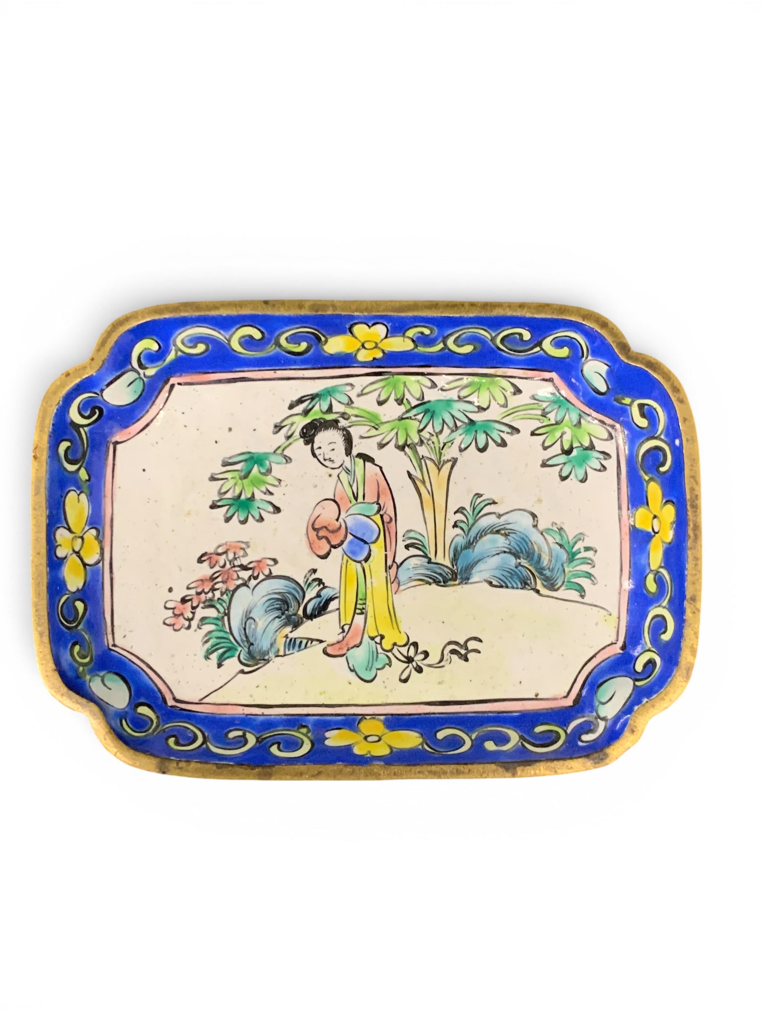 Antique Chinese Canton Enamel Pin Dish: Antique Chinese Canton Enamel Pin Dish Featuring A Hand Painted Scene Of A Woman Signed On Bottom: China4" Long