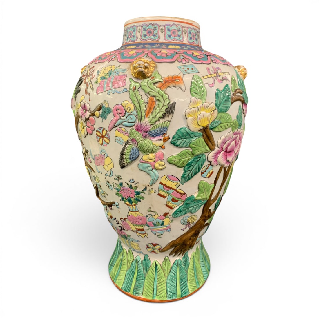 Vintage Chinese Vase: Vintage Chinese Vase Featuring Detailed Hand Painted Floral Designs And Decorative Borders15 1/4" Tall