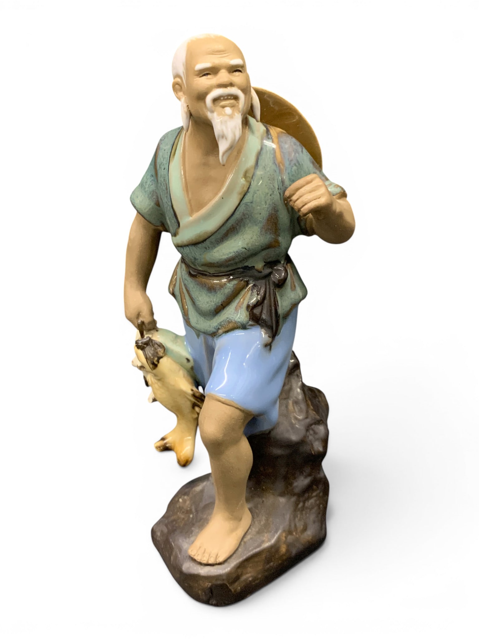 Vintage Shiwan Mudman Figurine: Vintage Shiwan Mudman Figurine Depicting A Fisherman With His Catch Marked On Bottom: China8 1/2" TallMissing Fishing Pole