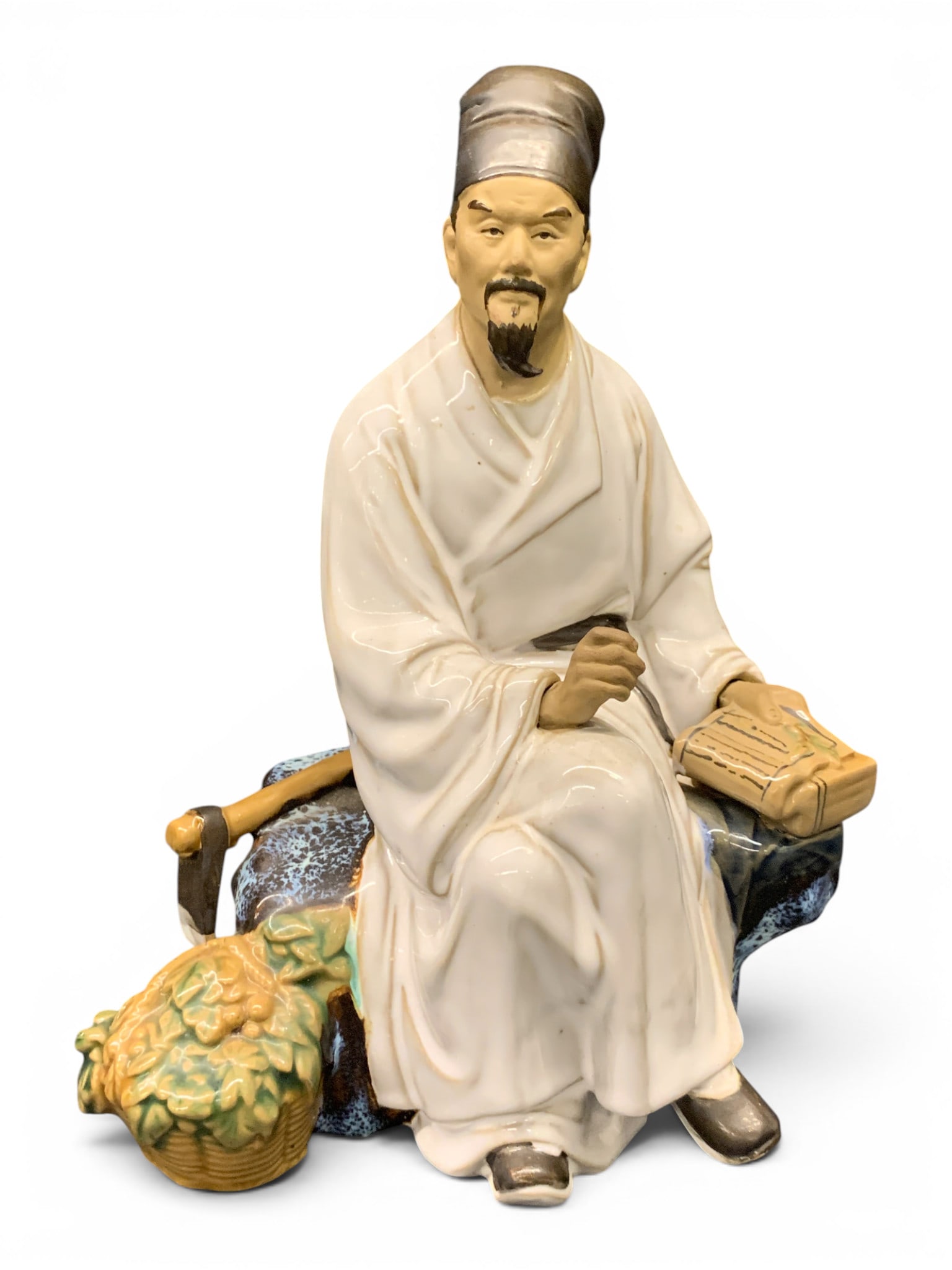 Shiwan Chinese Mudman Figurine: Shiwan Chinese Mudman Figurine Depicting A Seated Scholar Holding A BookMarked On Bottom: China9 1/2" Tall