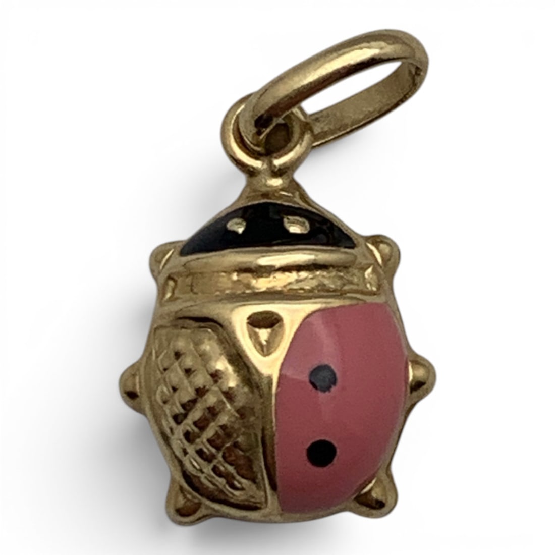 14k Yellow Gold Italian Enameled Ladybug Pendant: 14k Yellow Gold Italian Ladybug Pendant Featuring Pink & Black Enamel WorkMarked 14k Italy - 3/4" Long - 0.5 DwtGemstones Tested With Presidium Gem Tester Il - Berners Does Not Guarantee Authenticity