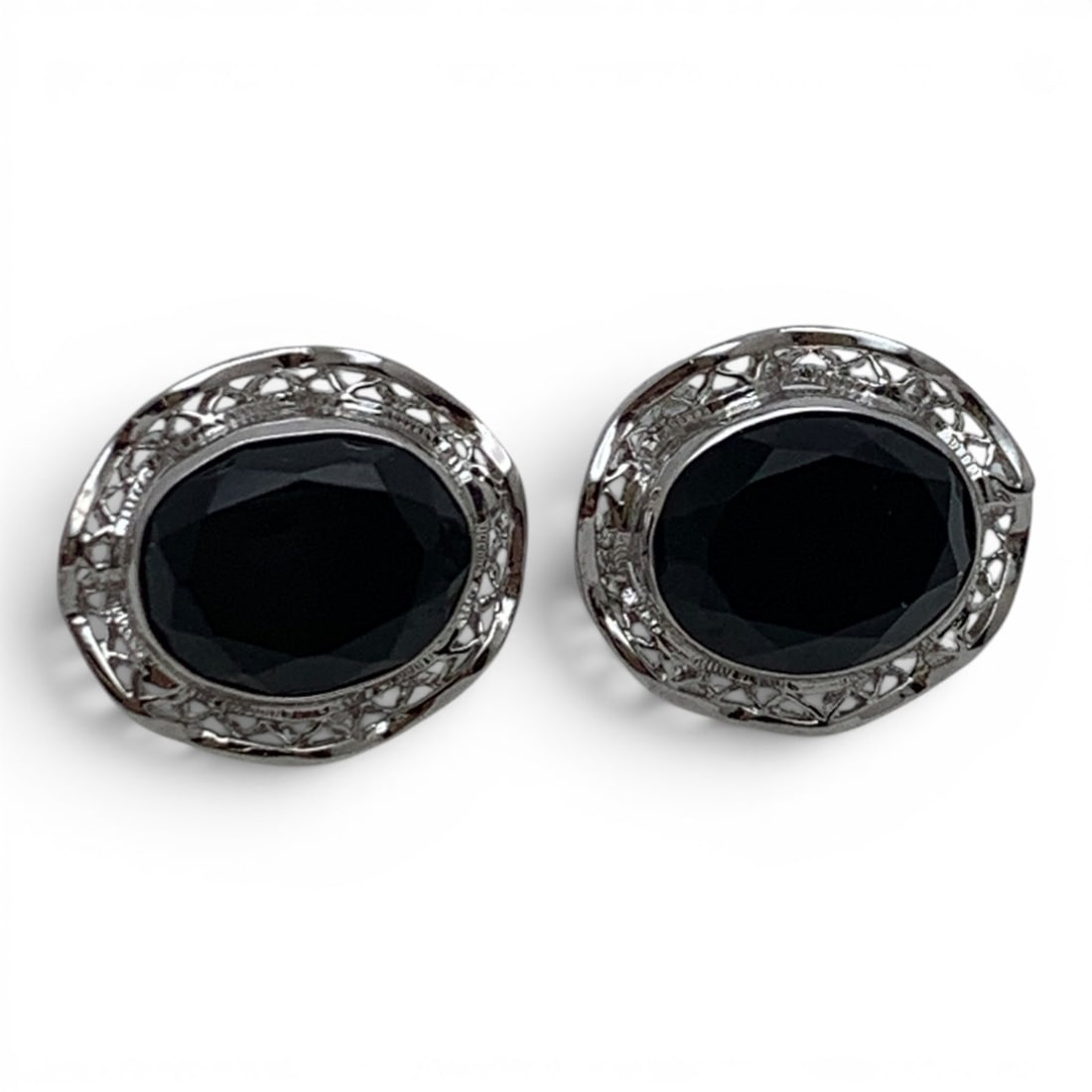 Pair Of 14k White Gold & Black Stone Earrings: Pair Of 14k White Gold Earrings With An Open Work Setting Design Featuring A Black Gemstone Marked 14k - 1/2" Long - 1.9 Dwt