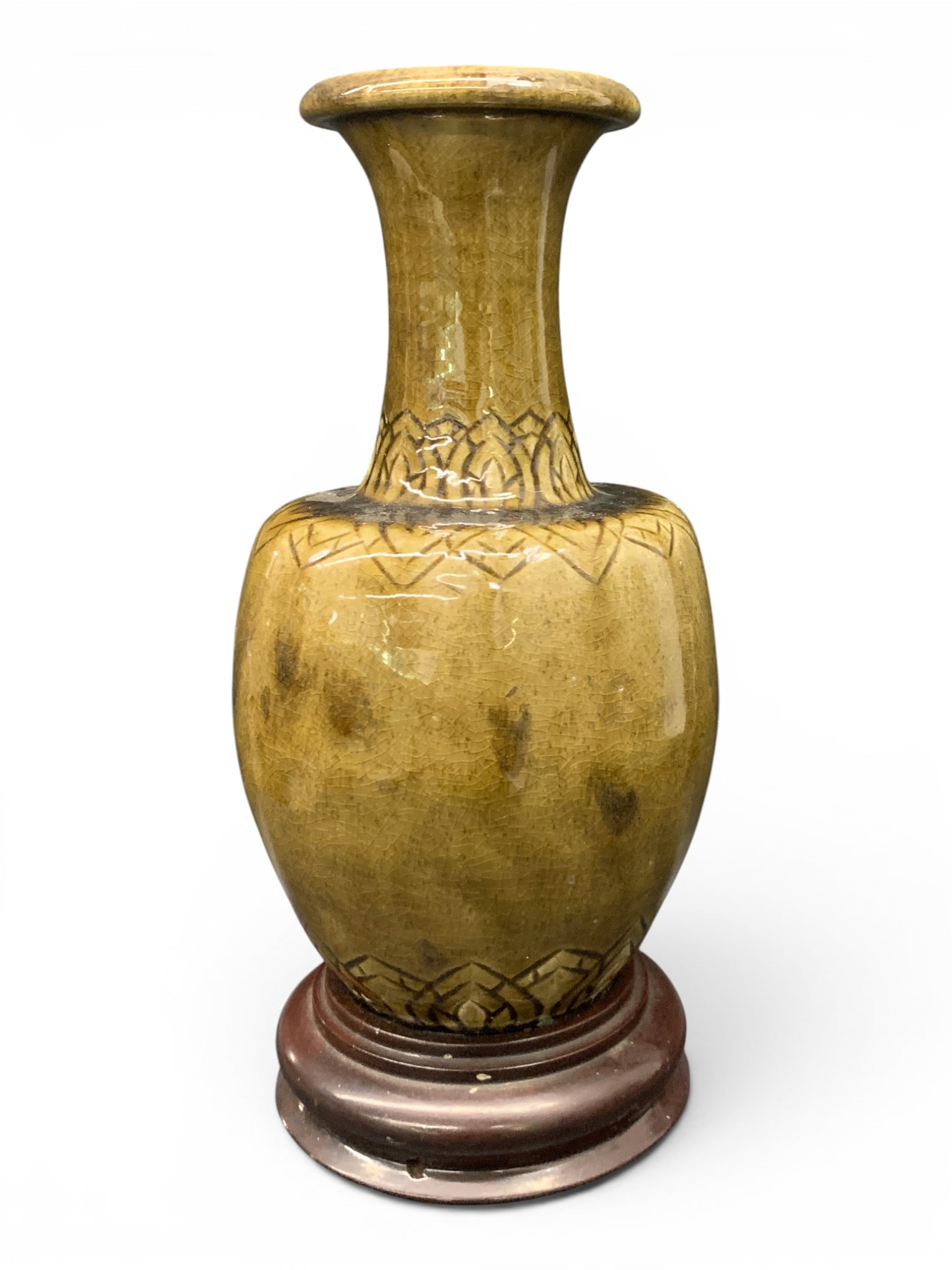 Green Ceramic Glazed Vase: Green Ceramic Glazed Vase With An Attatched Wooden Base 13 1/4" Tall