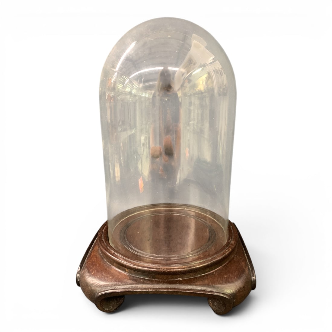 Glass Dome On Wooden Base: Large Glass Dome Sitting On A Carved Square Wooden Base 10" Tall