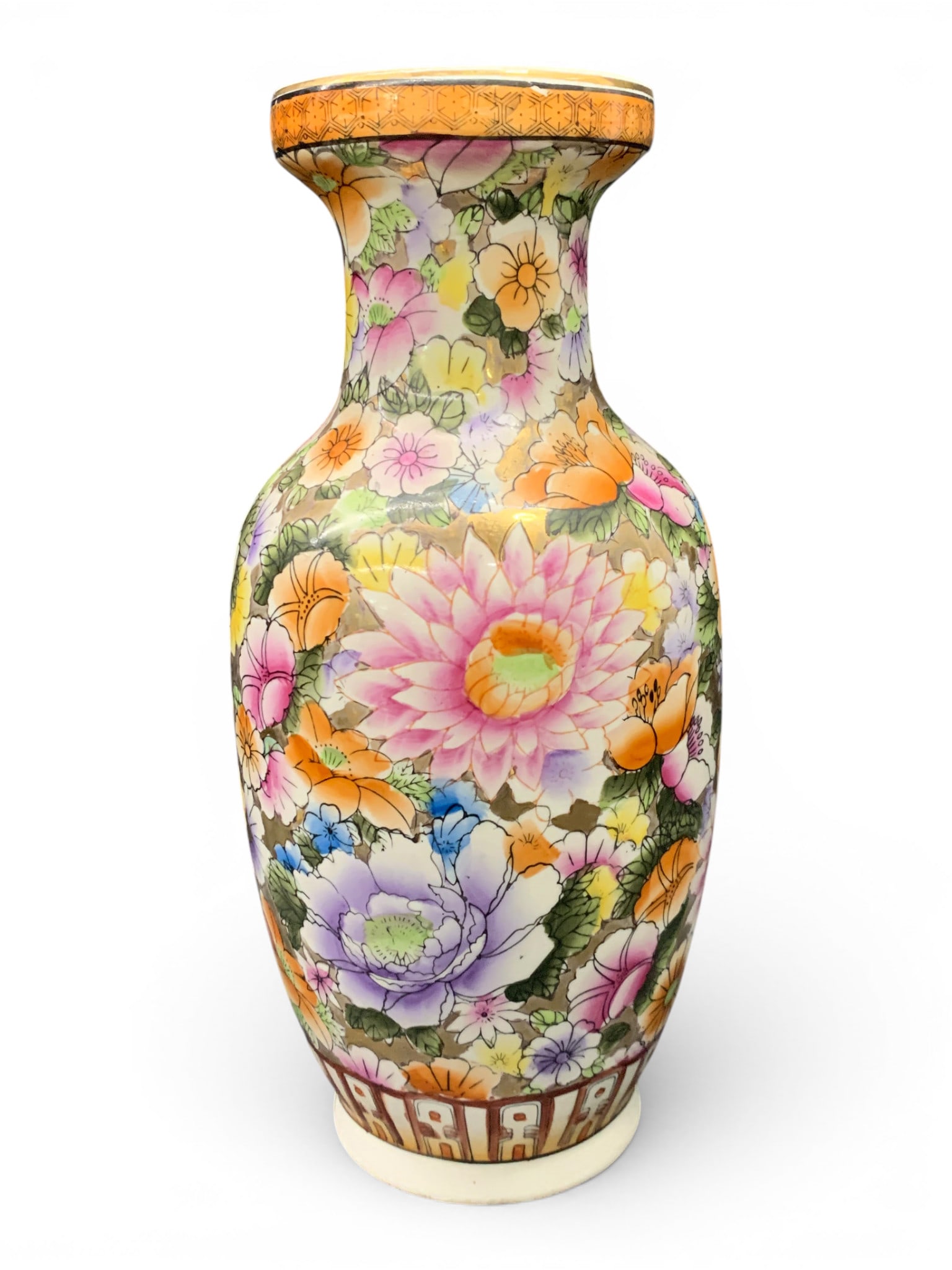 Vintage Signed Chinese Porcelain Vase: Vintage Signed Chinese Porcelain Vase Decorated With A Colorful Famille Rose Style Floral PatternSigned On Bottom12 1/8" Tall