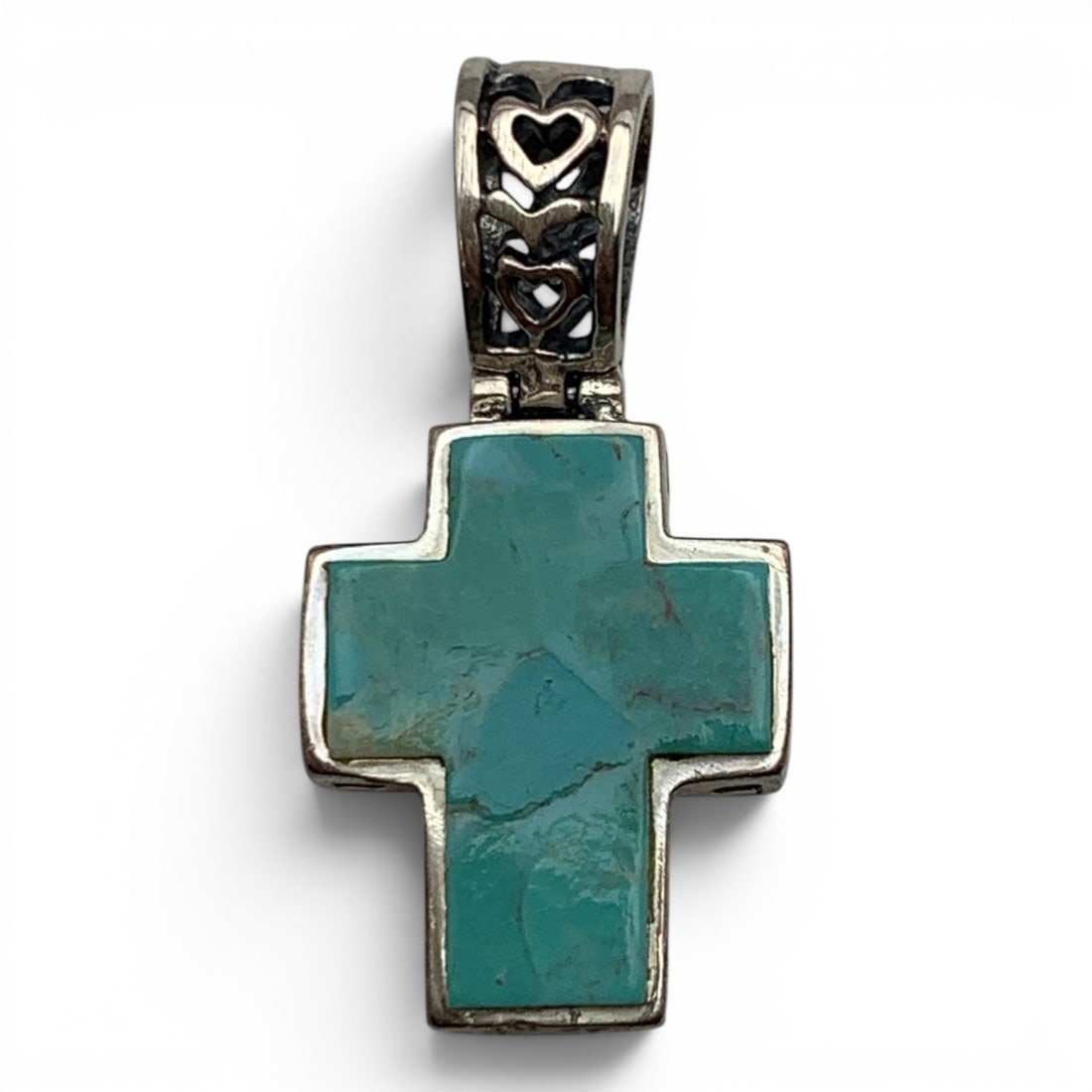 Sterling Silver & Turquoise Cross Pendant: Sterling Silver Cross Pendant Featuring A Turquoise Stone Marked: 925 - 1 1/8" Long - 3.9 Grams