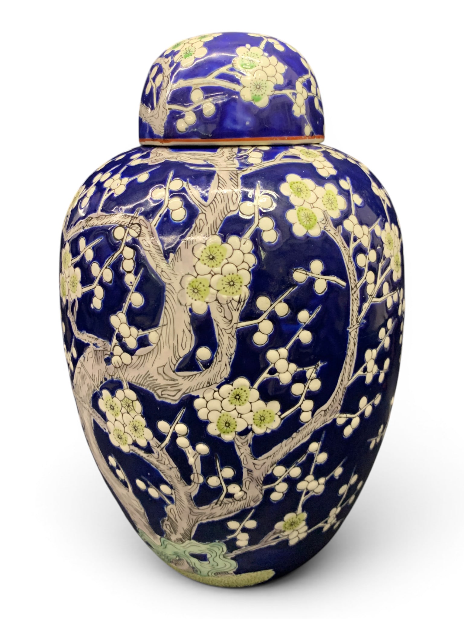 Chinese Porcelain Blue & White Blossom Ginger Jar: Chinese Porcelain Ginger Jar Featuring A Blue And White Decorated Prunus Blossom PatternMarked On Bottom: Made In China12" Tall