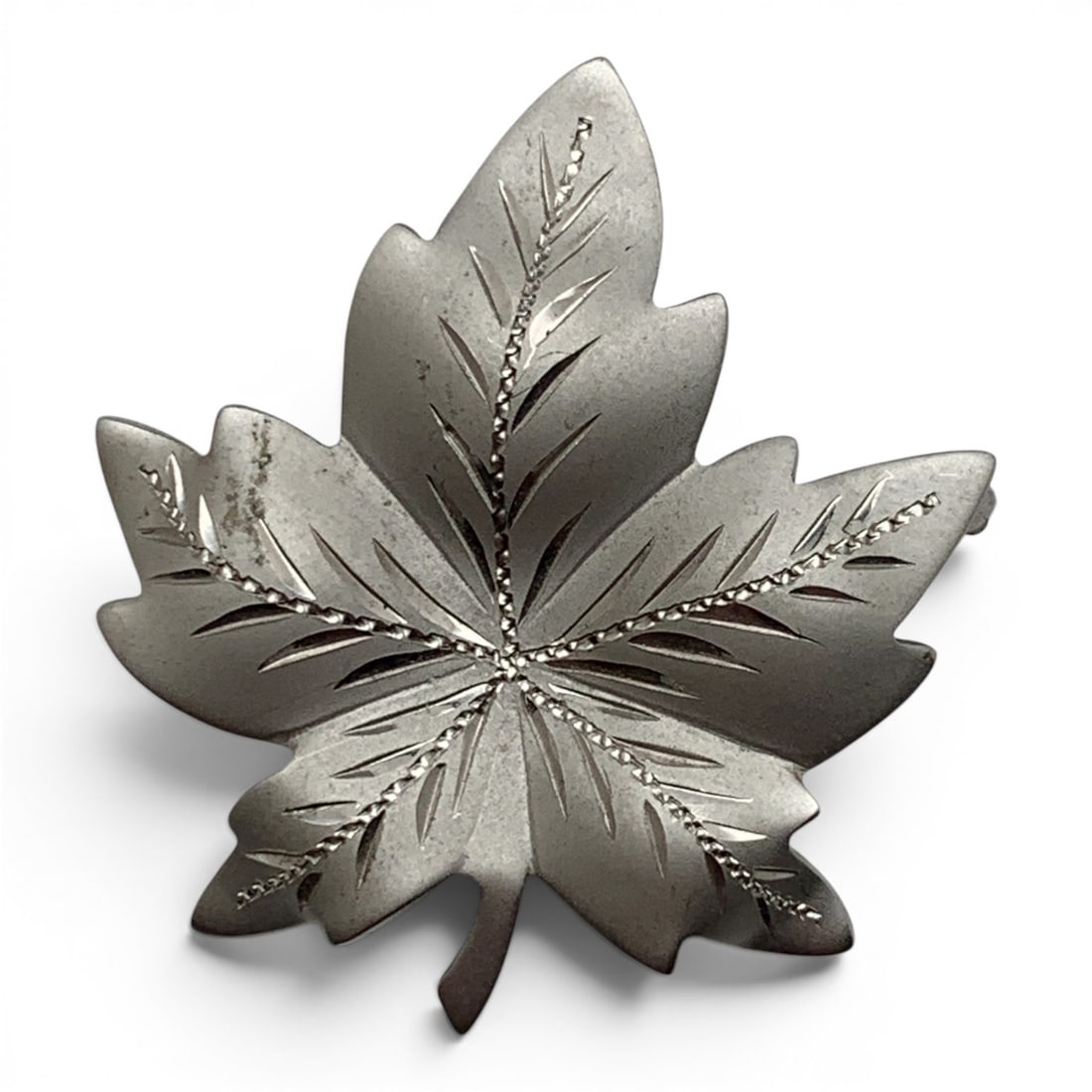 Sterling Silver Etched Leaf Pin: Sterling Silver Leaf Pendant Featuring An Etched Design Marked: Sterling - 1 5/8" Long - 10.6 Grams