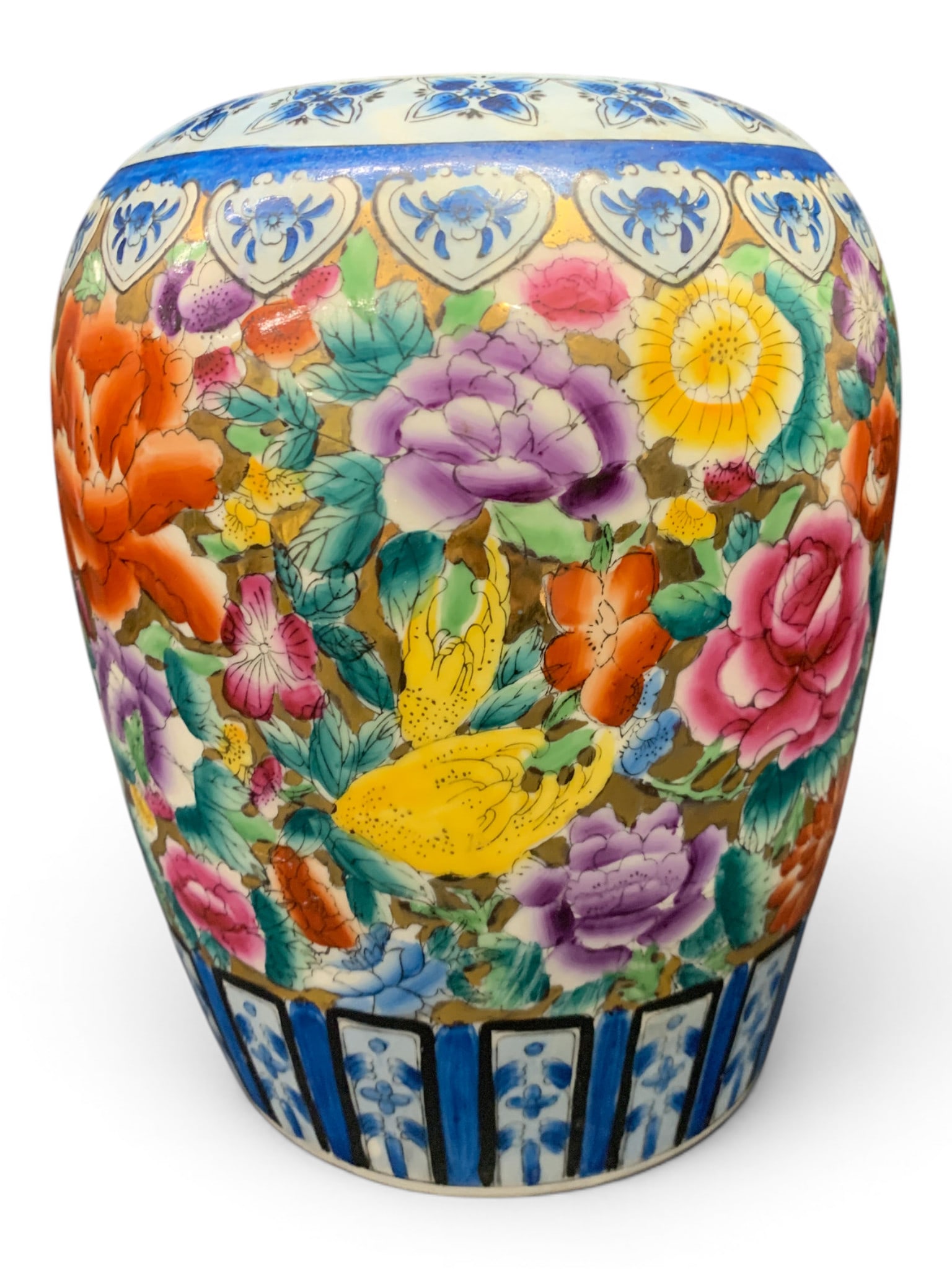 Vintage Porcelain Ginger Jar: Vintage Porcelain Ginger Jar Decorated With A Vibrant Multicolored Floral Pattern8 5/8" TallMissing Lid