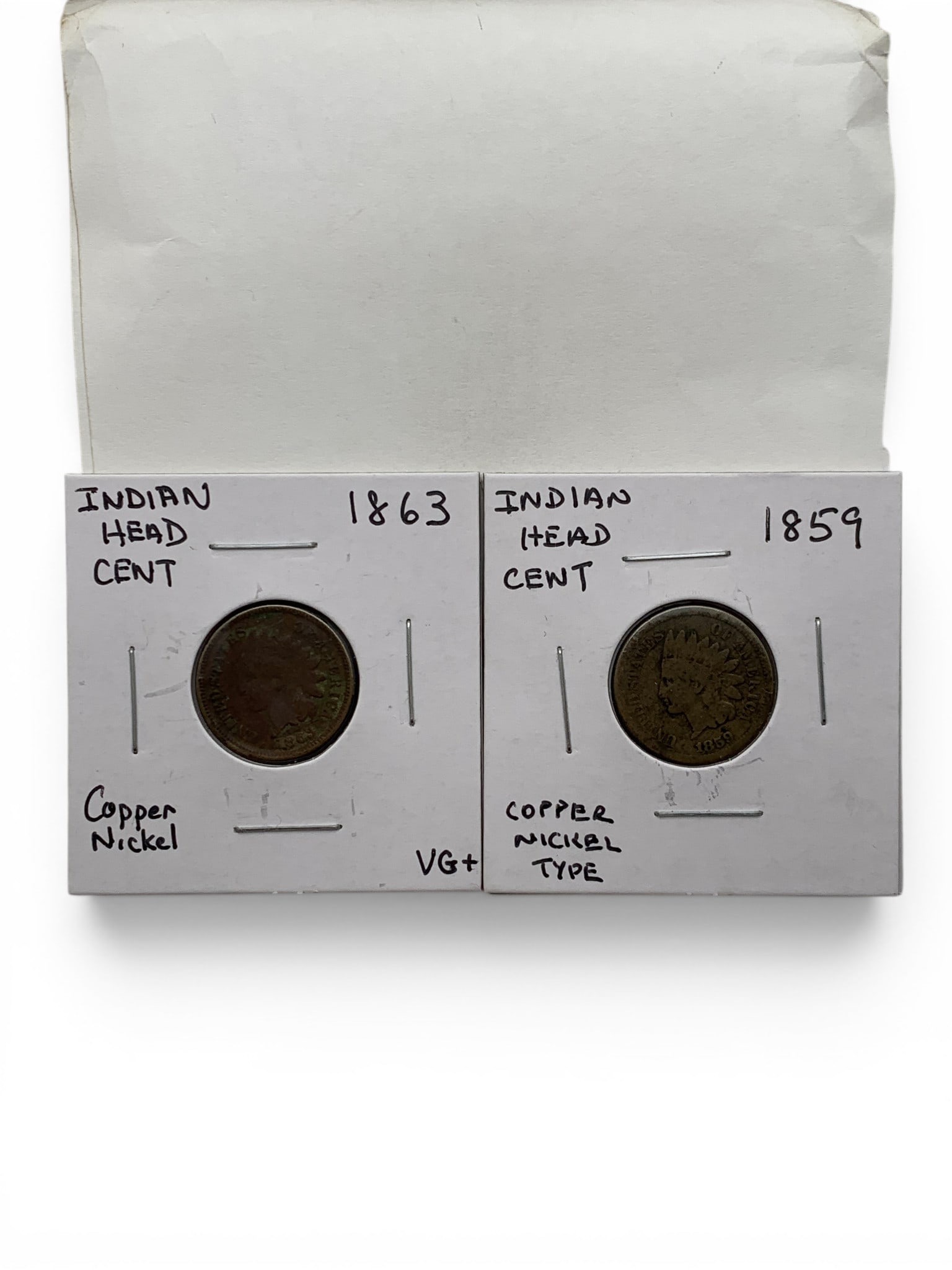 1 1859 & 1 1863 Indian Head Piece: 2 Indian Head Cents Including 1 1859 & 1 1863 - Early Copper Nickel Varieties